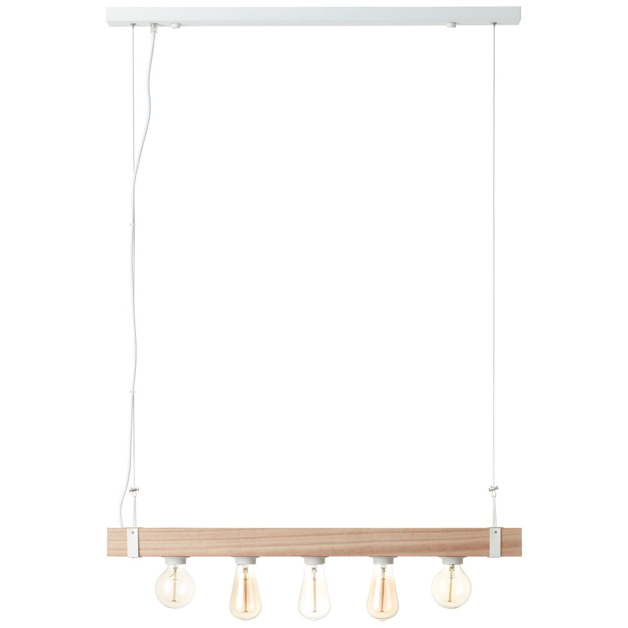 Eine hängende Lampe mit einem Holzbalken und fünf Glühbirnen.
