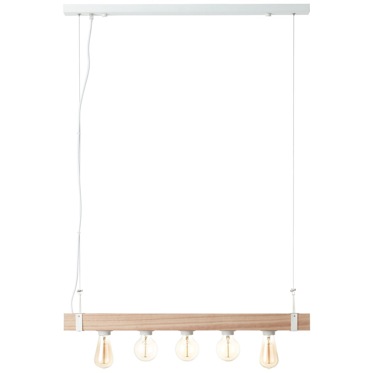Holz-Hängeleuchte mit fünf Glühbirnen, weißem Kabel und weißer Deckenhalterung.
