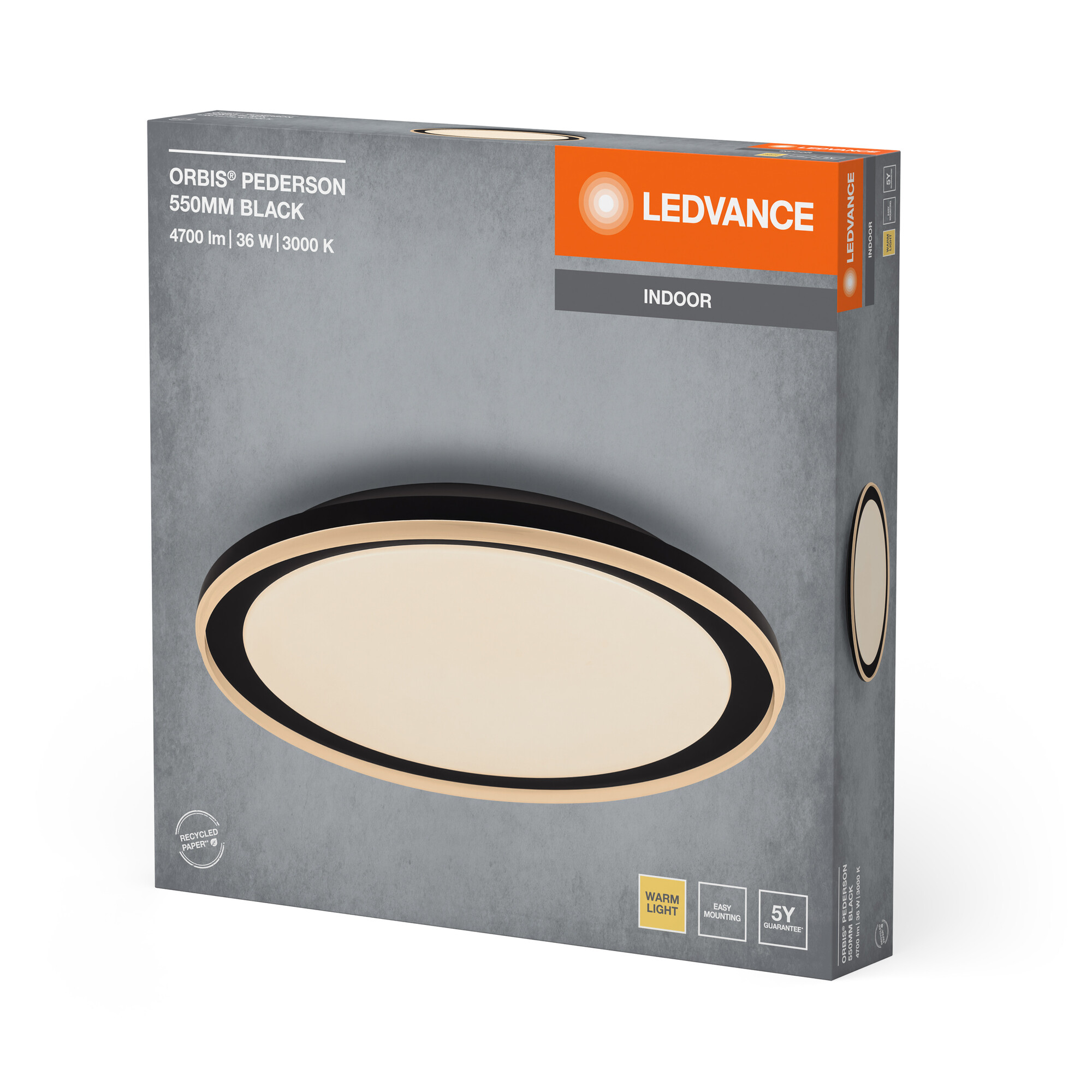 Verpackung einer runden Deckenleuchte von Ledvance mit Modellname Orbis Pederson.