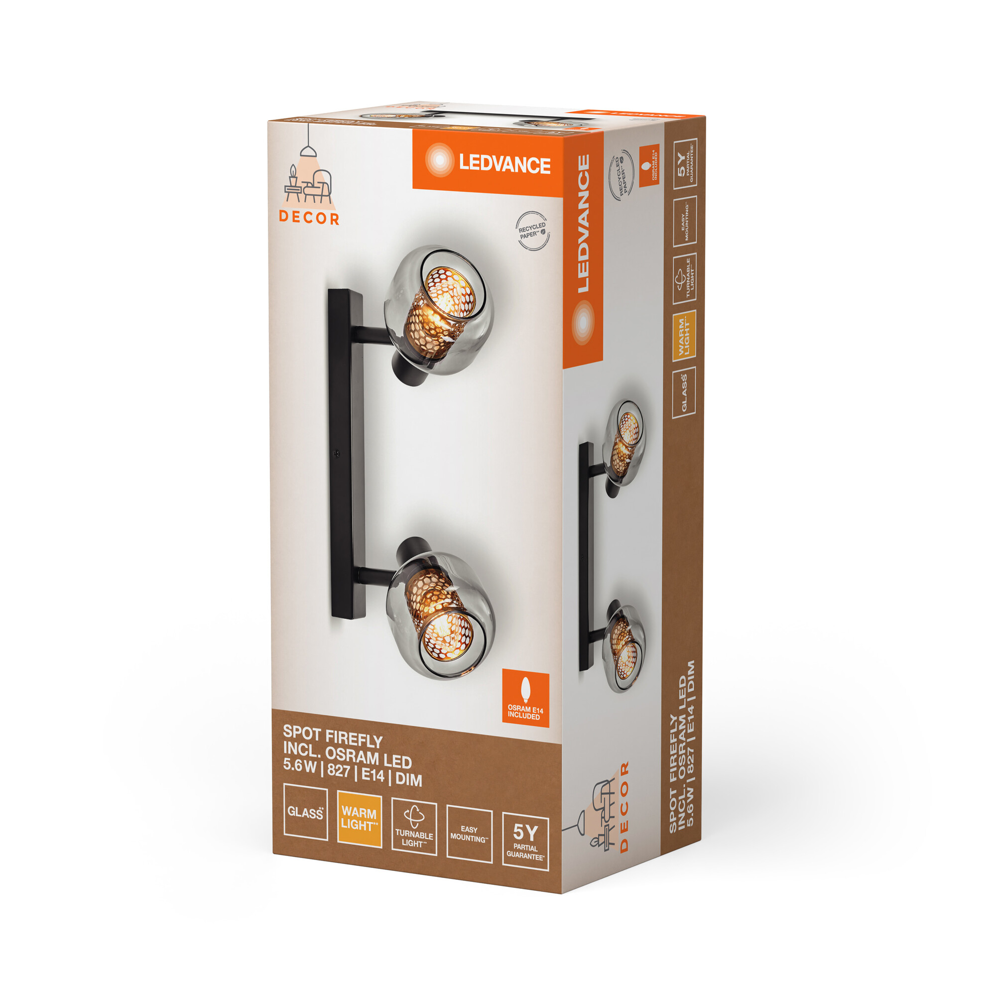 Verpackung mit Wandleuchte: zwei Glaslampen mit warmem Licht.