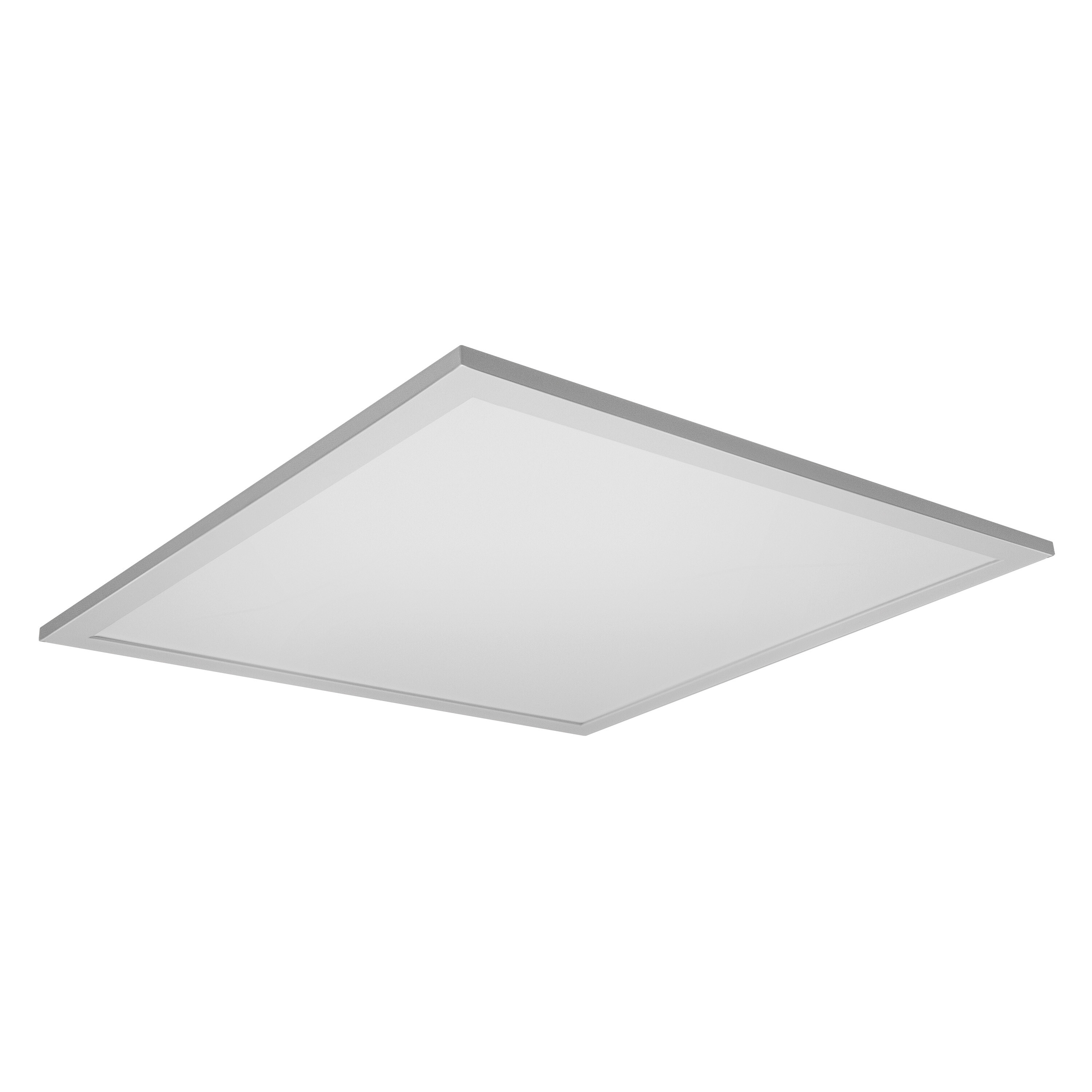 Ein rechteckiges LED-Panel mit silbernem Rahmen auf weißem Hintergrund.