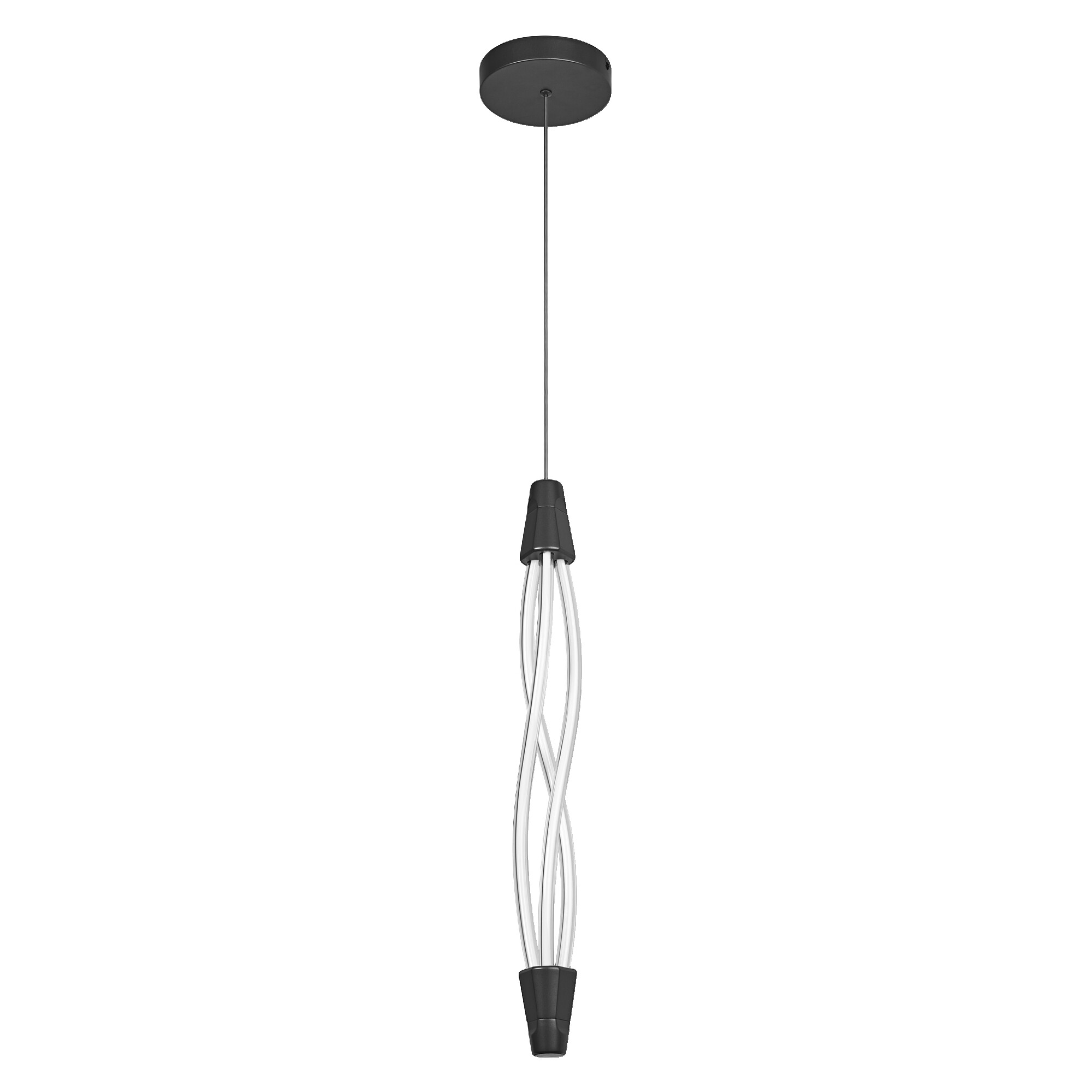 Eine moderne Pendelleuchte mit schwarzem Baldachin und verdrehten Glasröhren.
