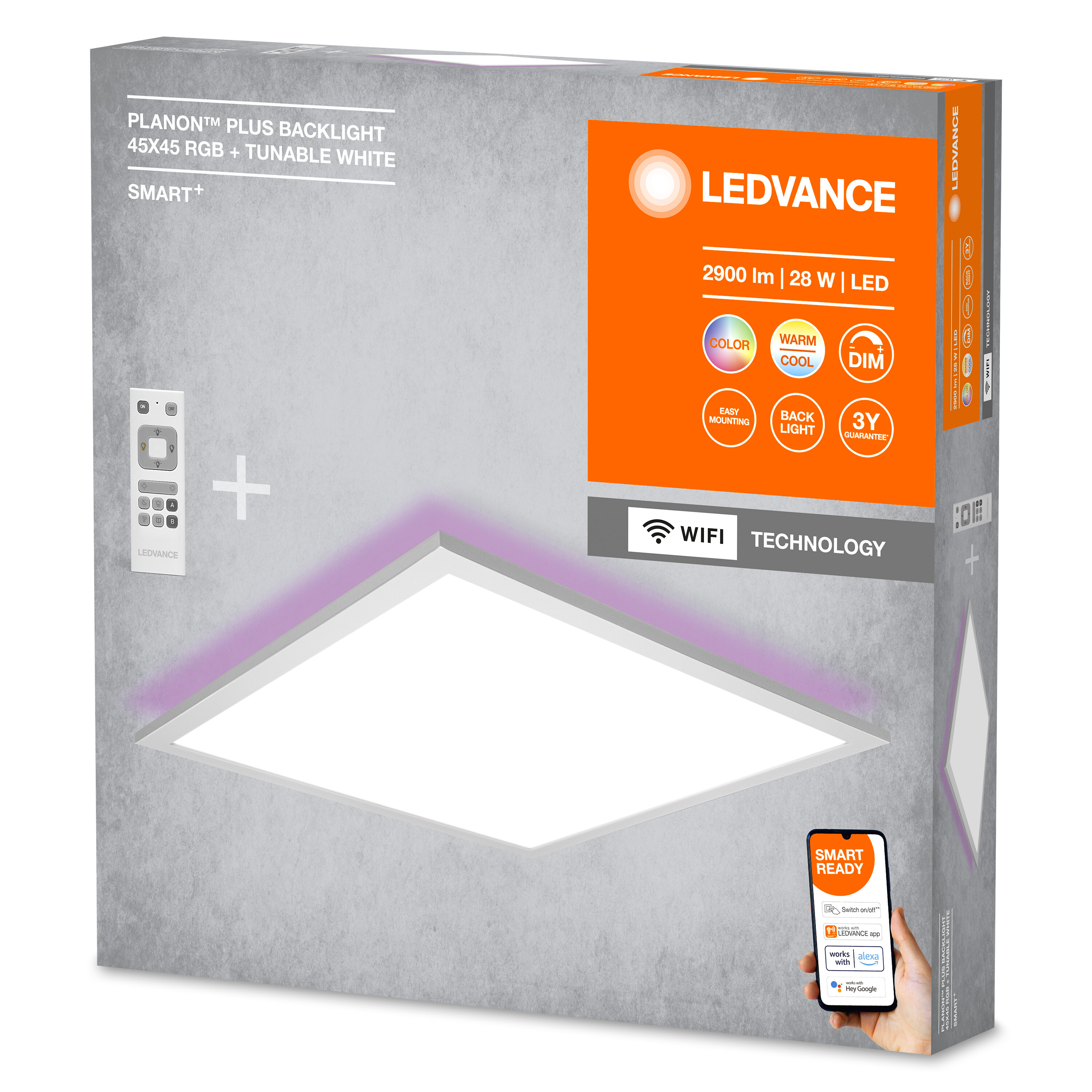 LEDVANCE Planon Smart+ Deckenleuchte mit Fernbedienung und Smartphone.