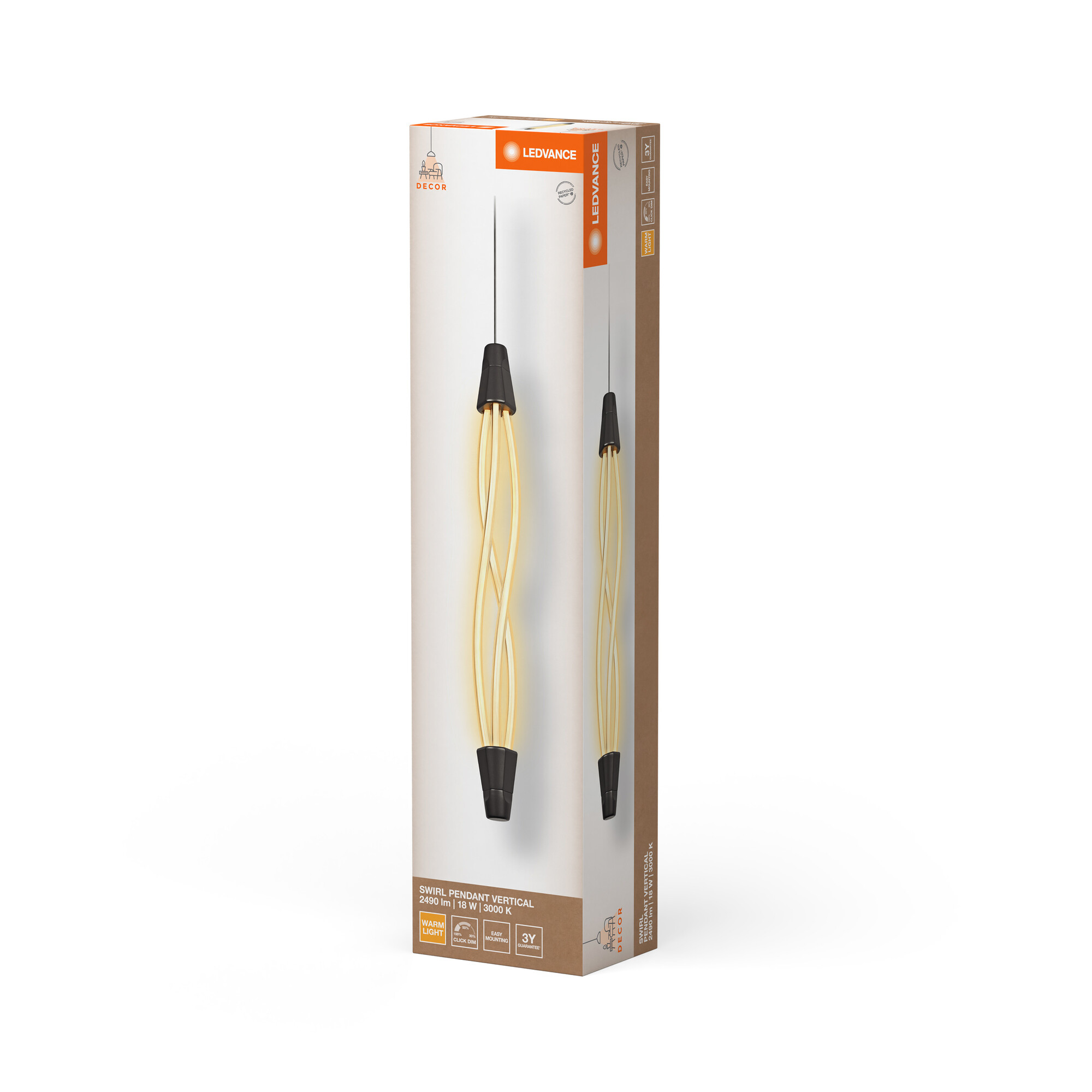 Verpackung einer vertikalen Spiral-Pendelleuchte mit warmweißem Licht.