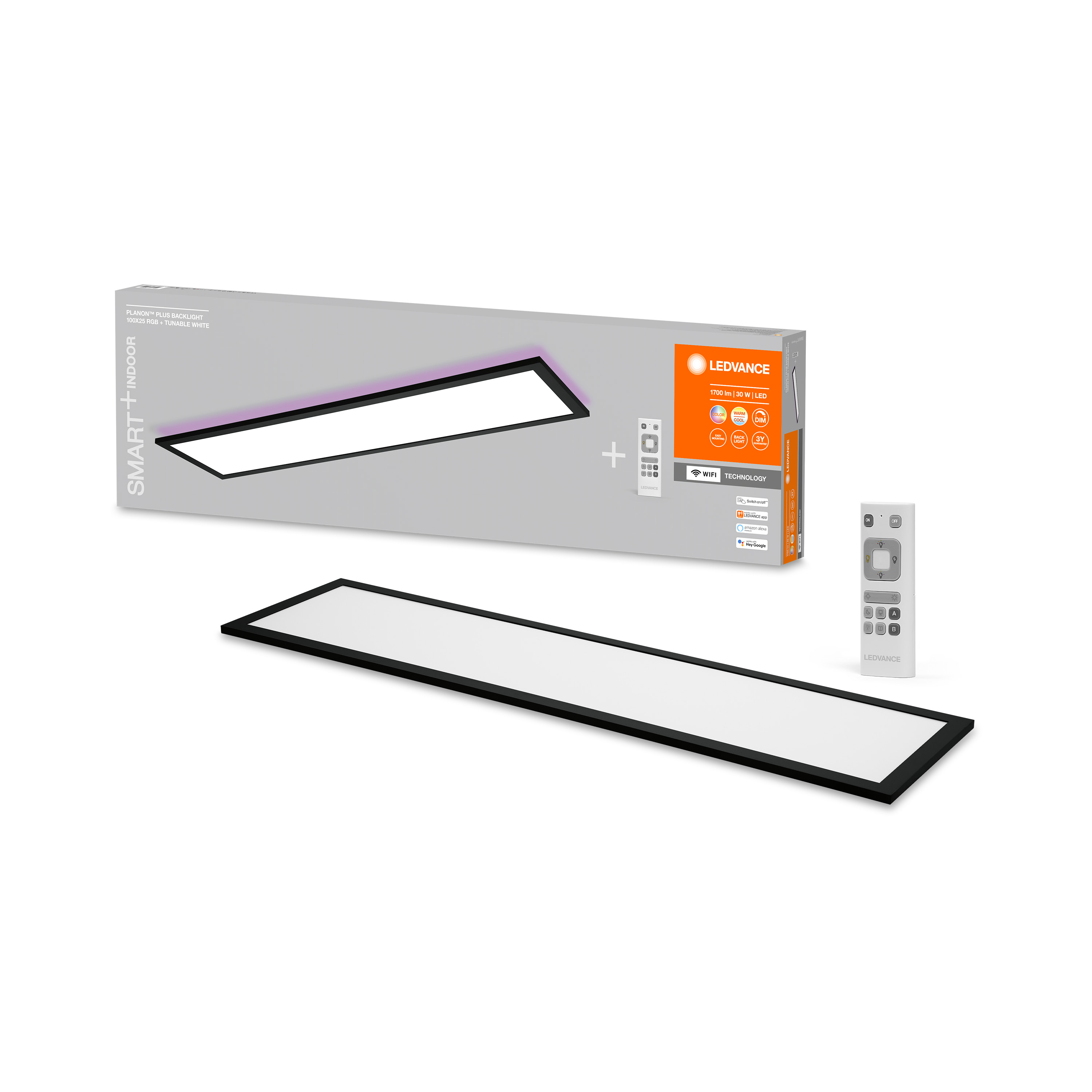 LEDVANCE Panel mit Fernbedienung und Verpackung. Es ist ein schmales Rechteck.
