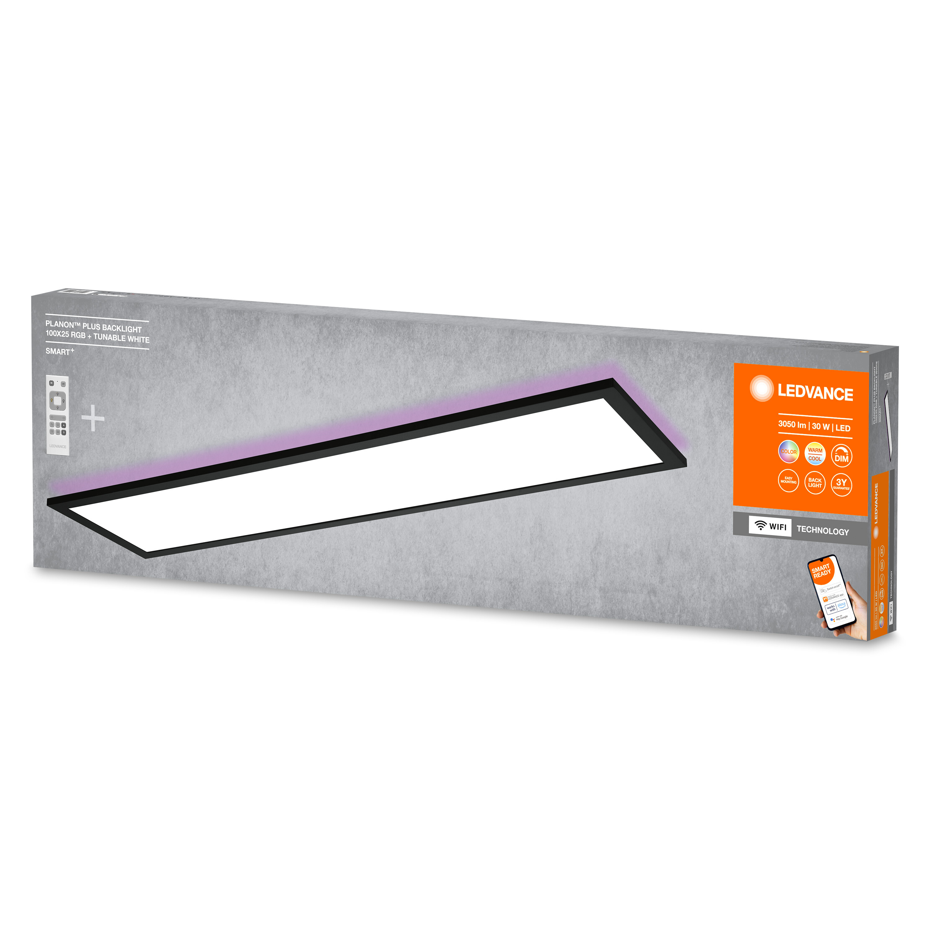 Verpackung einer LED-Deckenleuchte mit Fernbedienung und Smartphone-App-Symbolen.