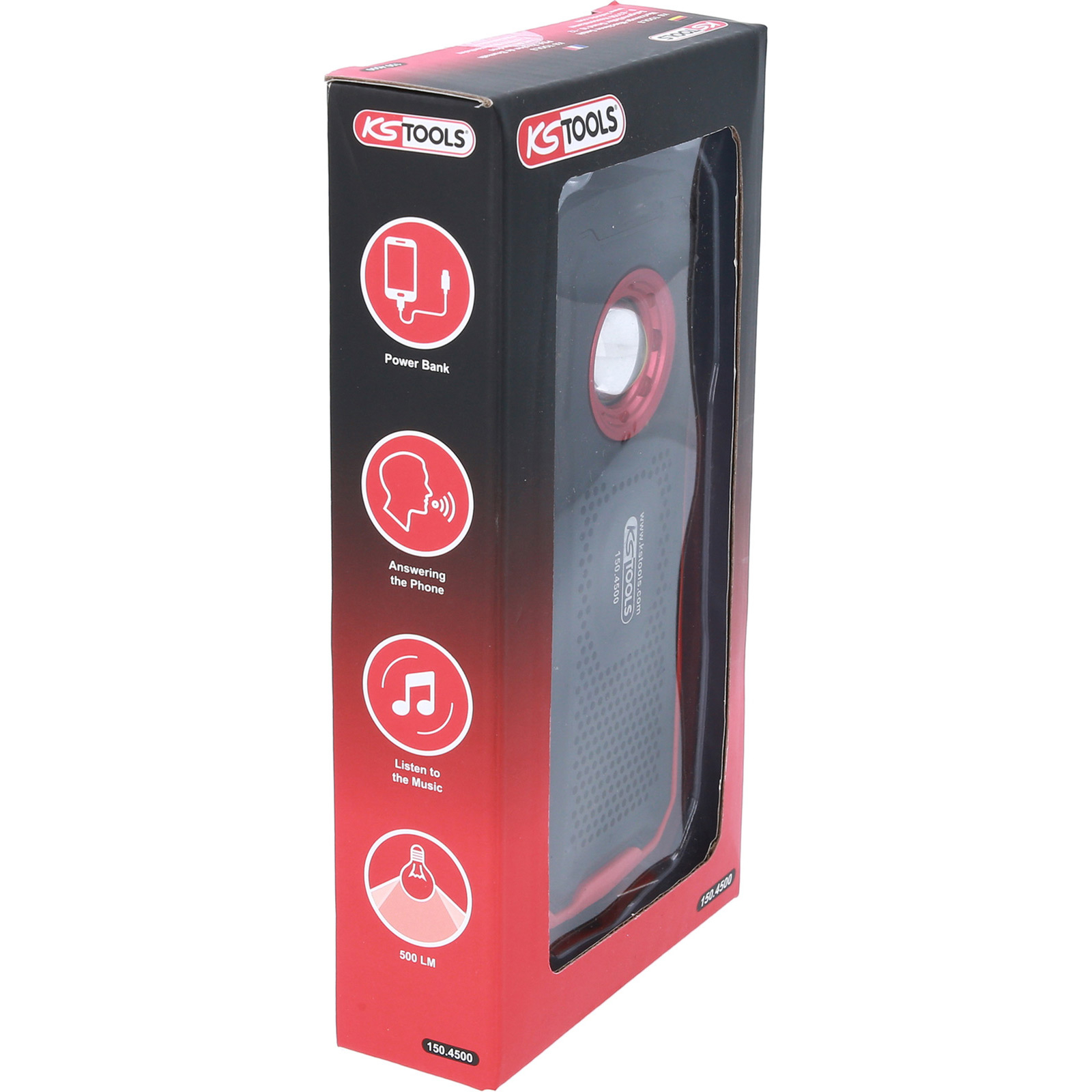 Verpackung eines KSTOOLS Powerbanks mit Symbolen für Laden, Telefonieren, Musik und Licht.