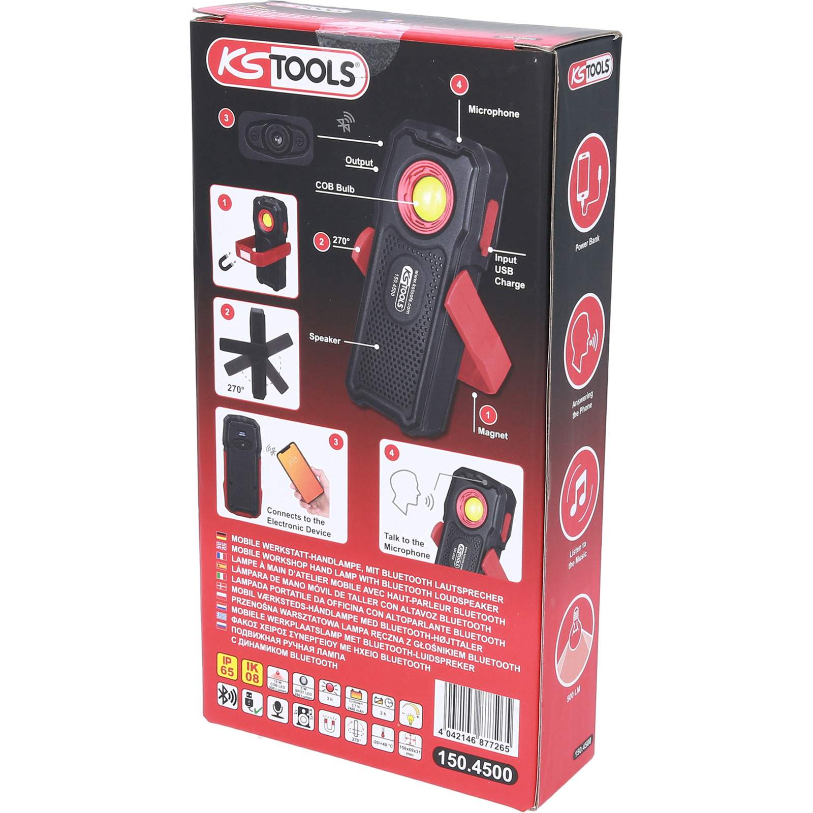 Verpackung eines KS Tools Werkstatt-Handlampen-Bluetooth-Lautsprechers mit COB-LED.