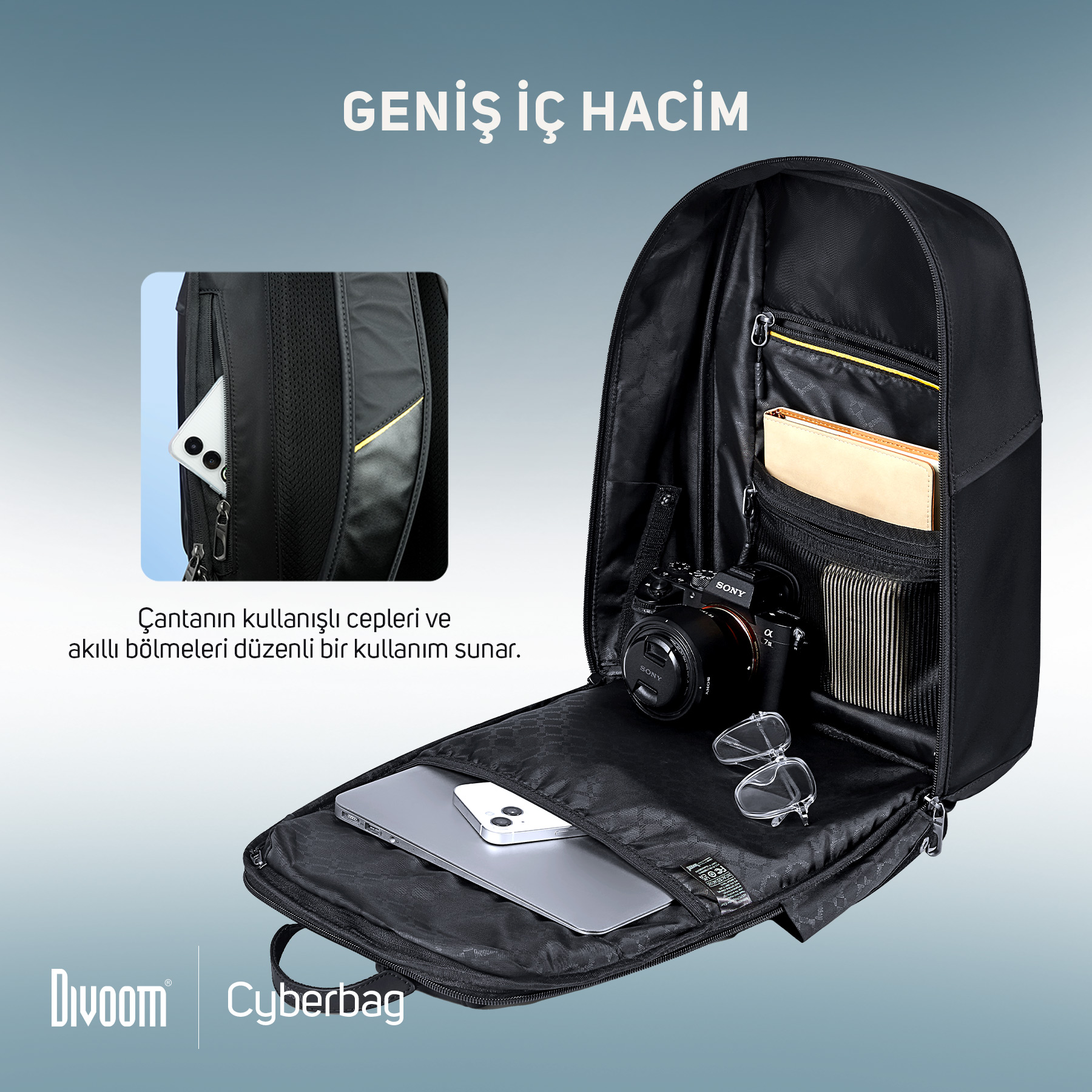 Laptop, kamera, gözlük ve not defteri olan siyah sırt çantası.