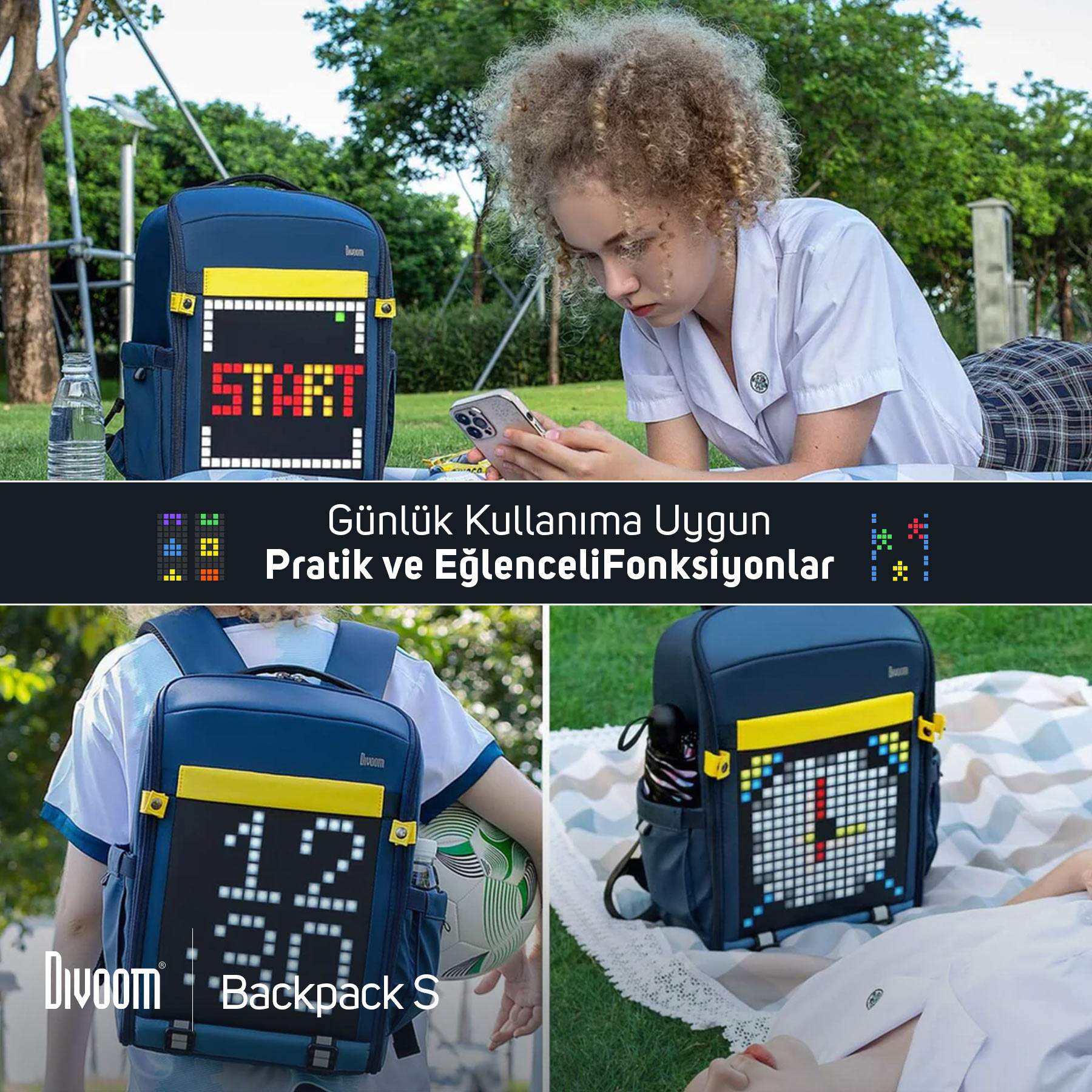 'START' yazılı piksel ekranlı mavi ve sarı sırt çantası.