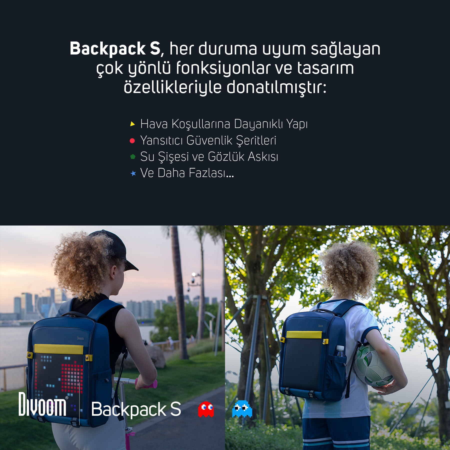 Çocuklar dışarıda sırt çantalarıyla, biri scooterda, diğeri futbol topu tutuyor.