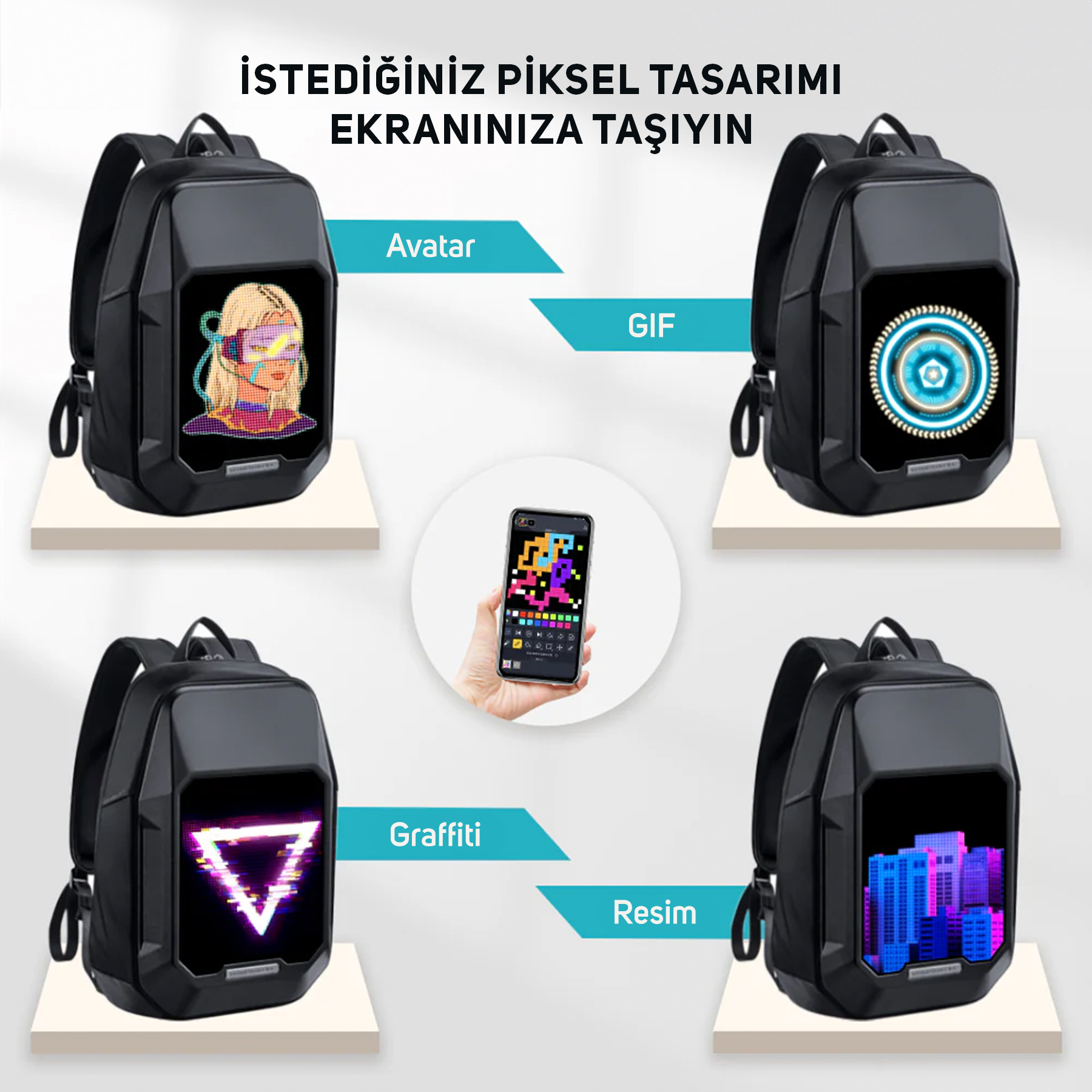 Avatar, GIF, graffiti ve şehir gösteren LED ekranlı siyah sırt çantası.