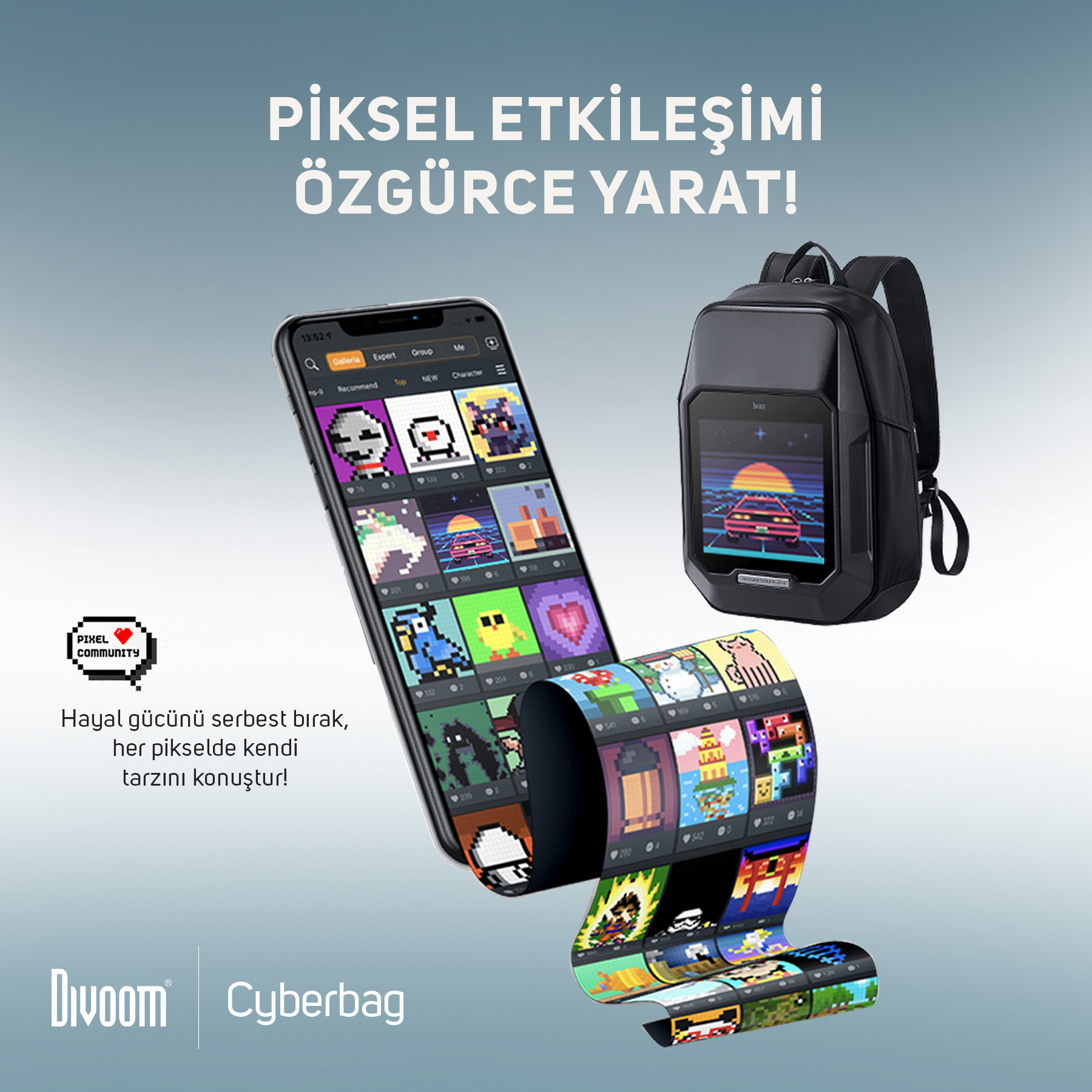 Pixel art görselleri gösteren bir akıllı telefonlu siyah sırt çantası.