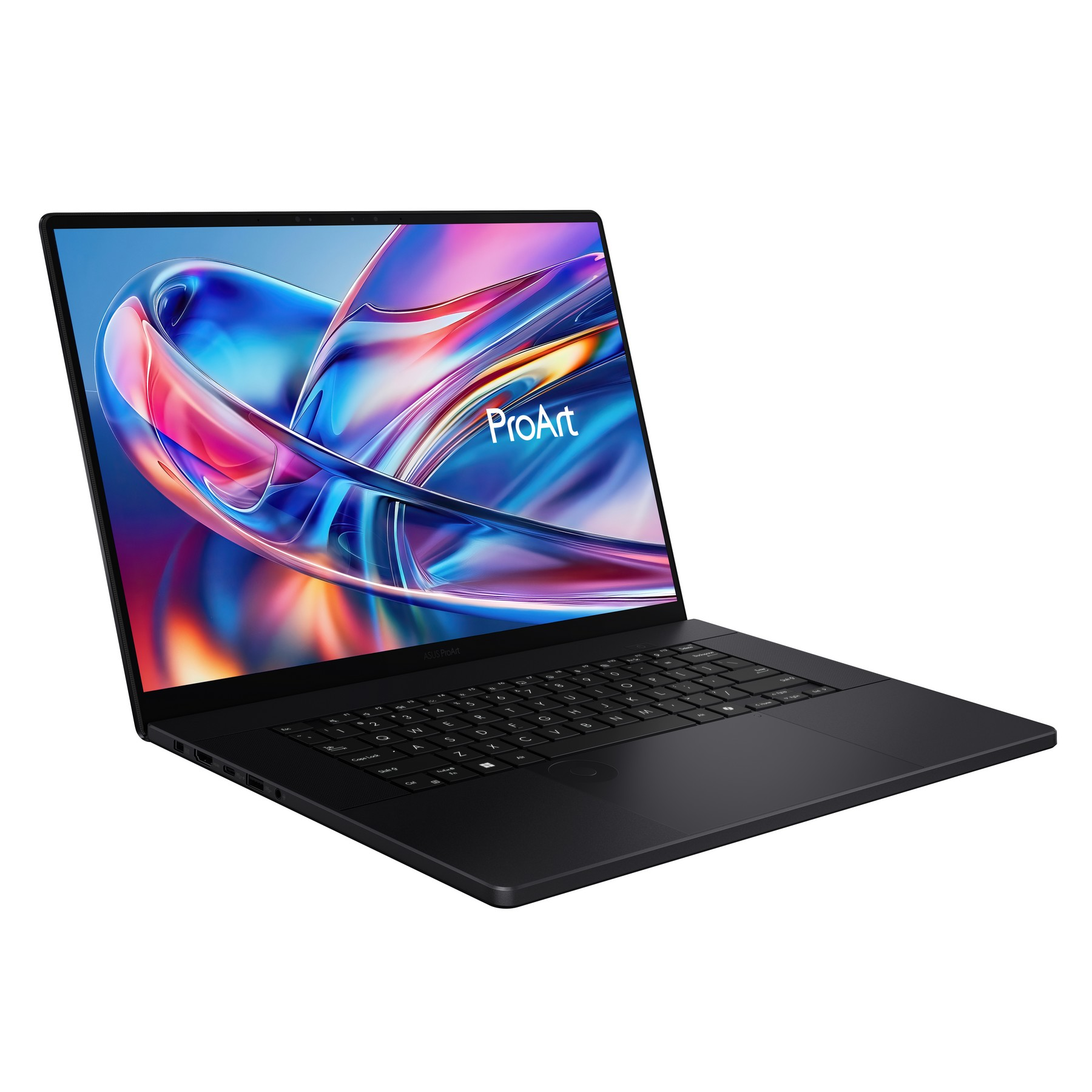 Laptop nero con logo ProArt e sfondo astratto visualizzato.