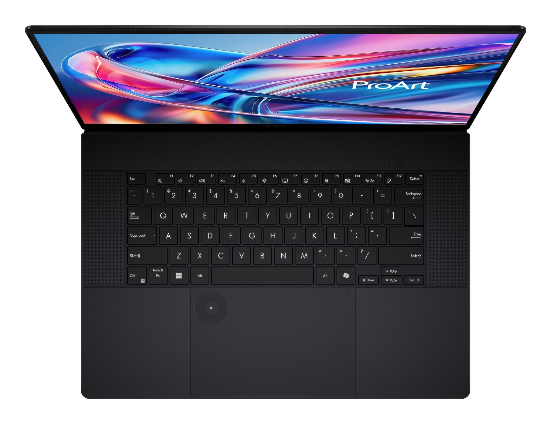 Un laptop nero con lo schermo aperto, che mostra un'immagine colorata.