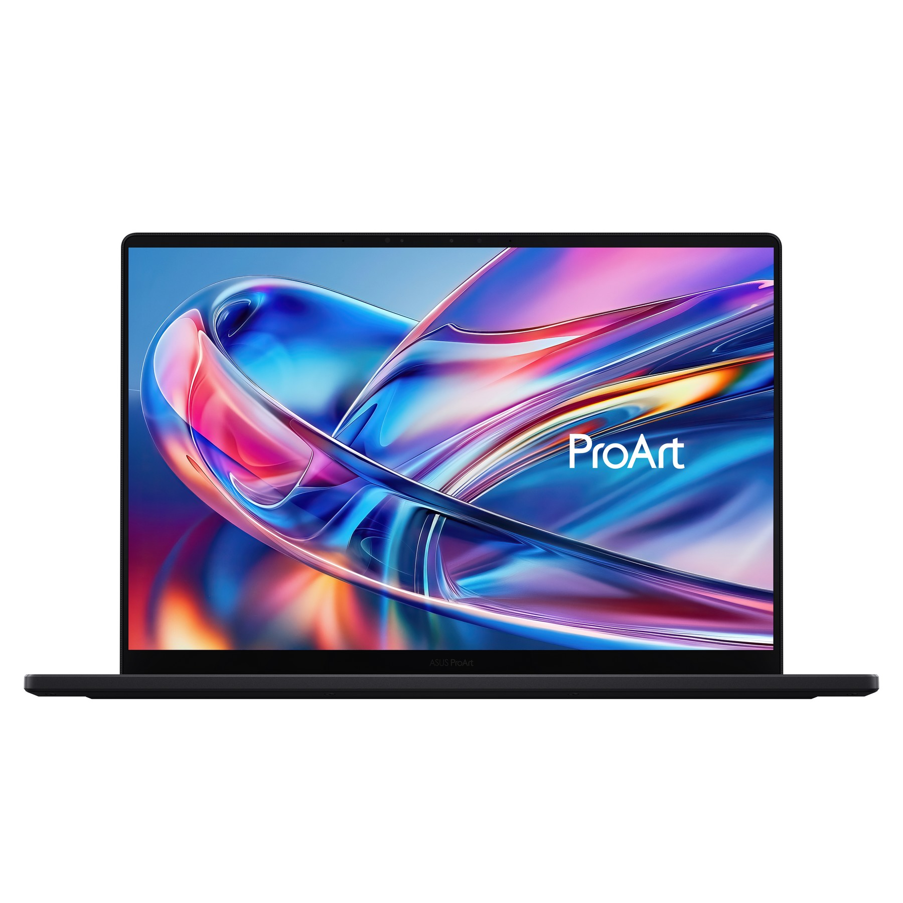 Laptop nero con vivace immagine astratta sullo schermo.