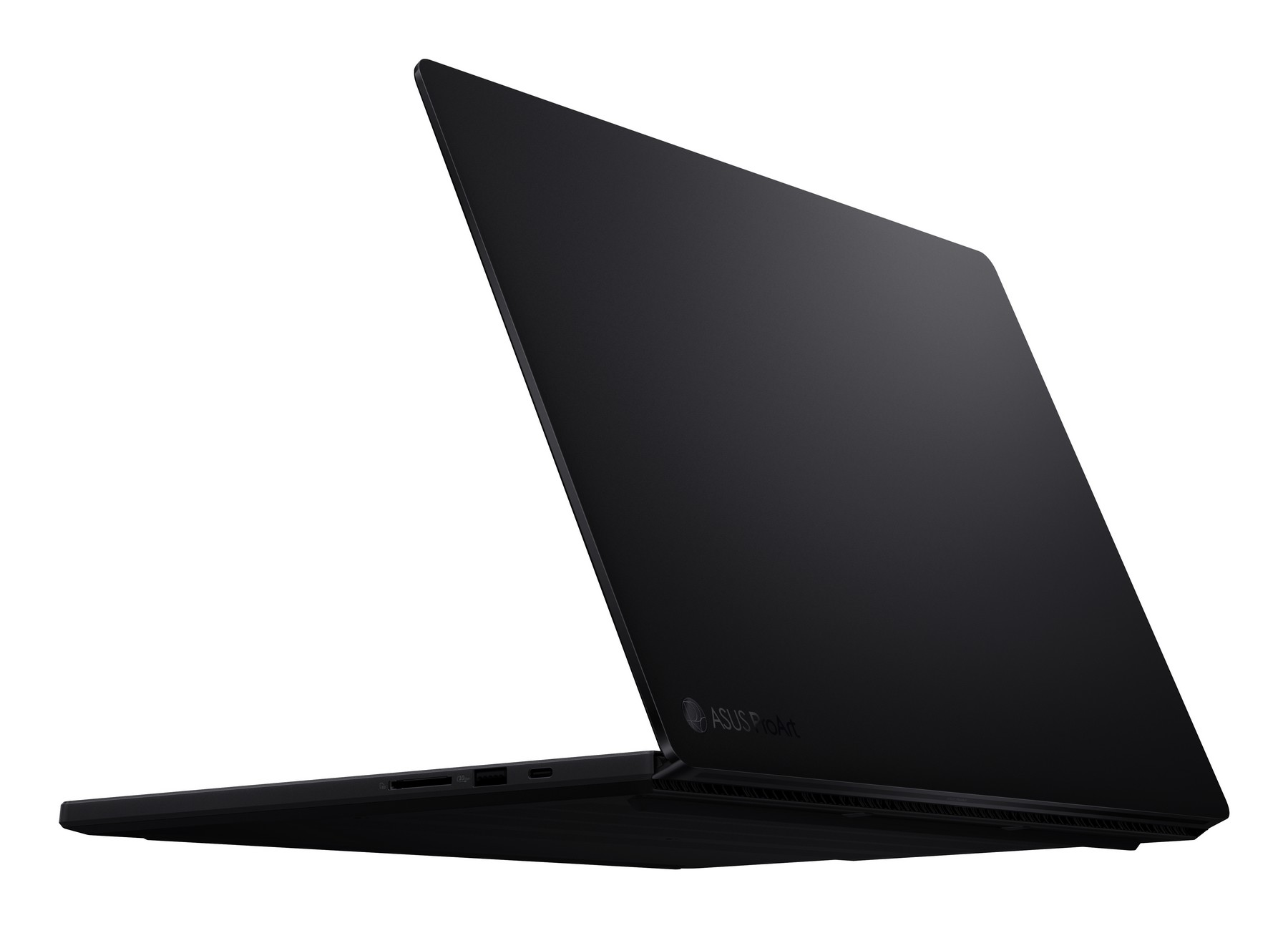 Un laptop nero con il coperchio aperto, visto di lato, con il logo ASUS ProArt.