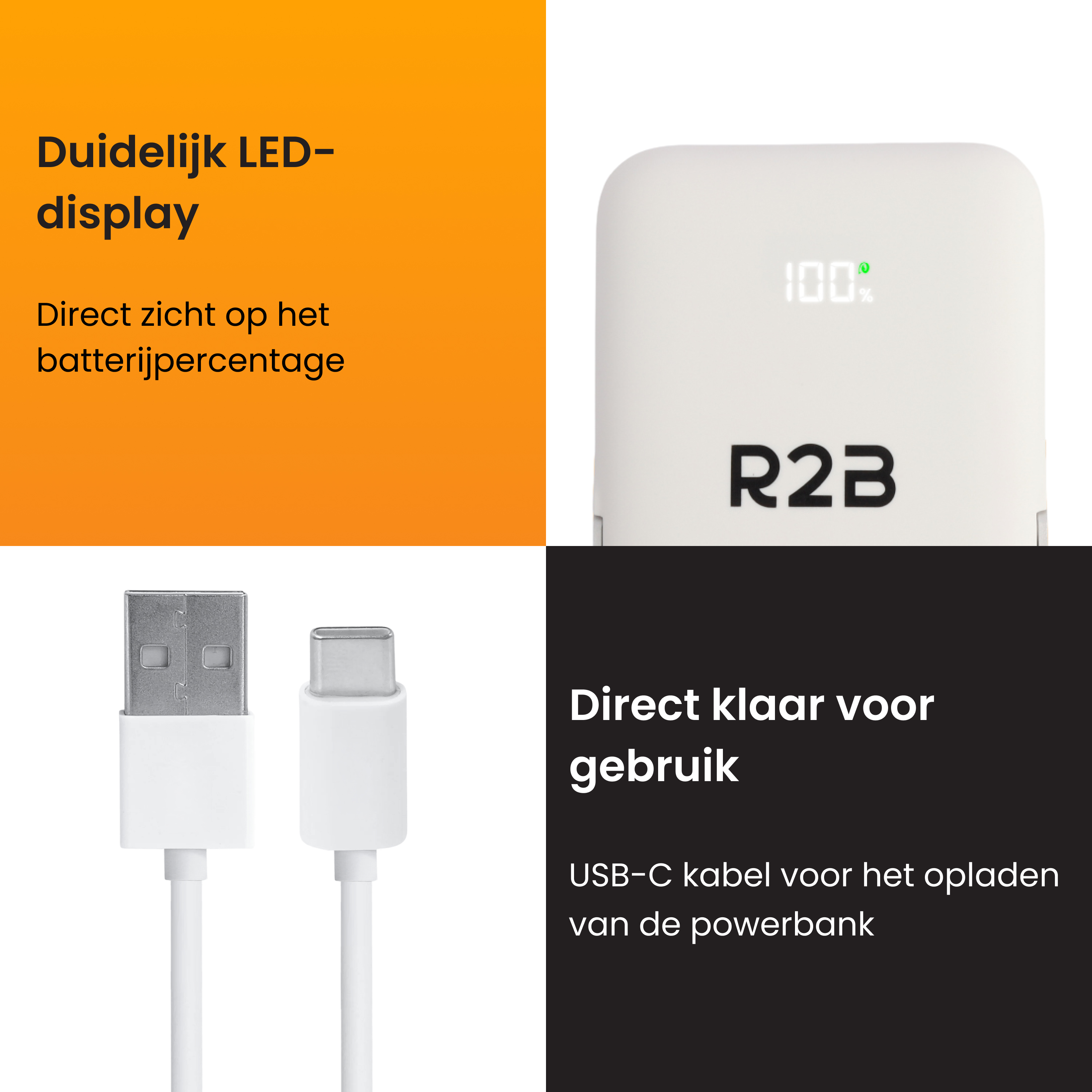 White power bank with LED display (100%) and USB-C cable.