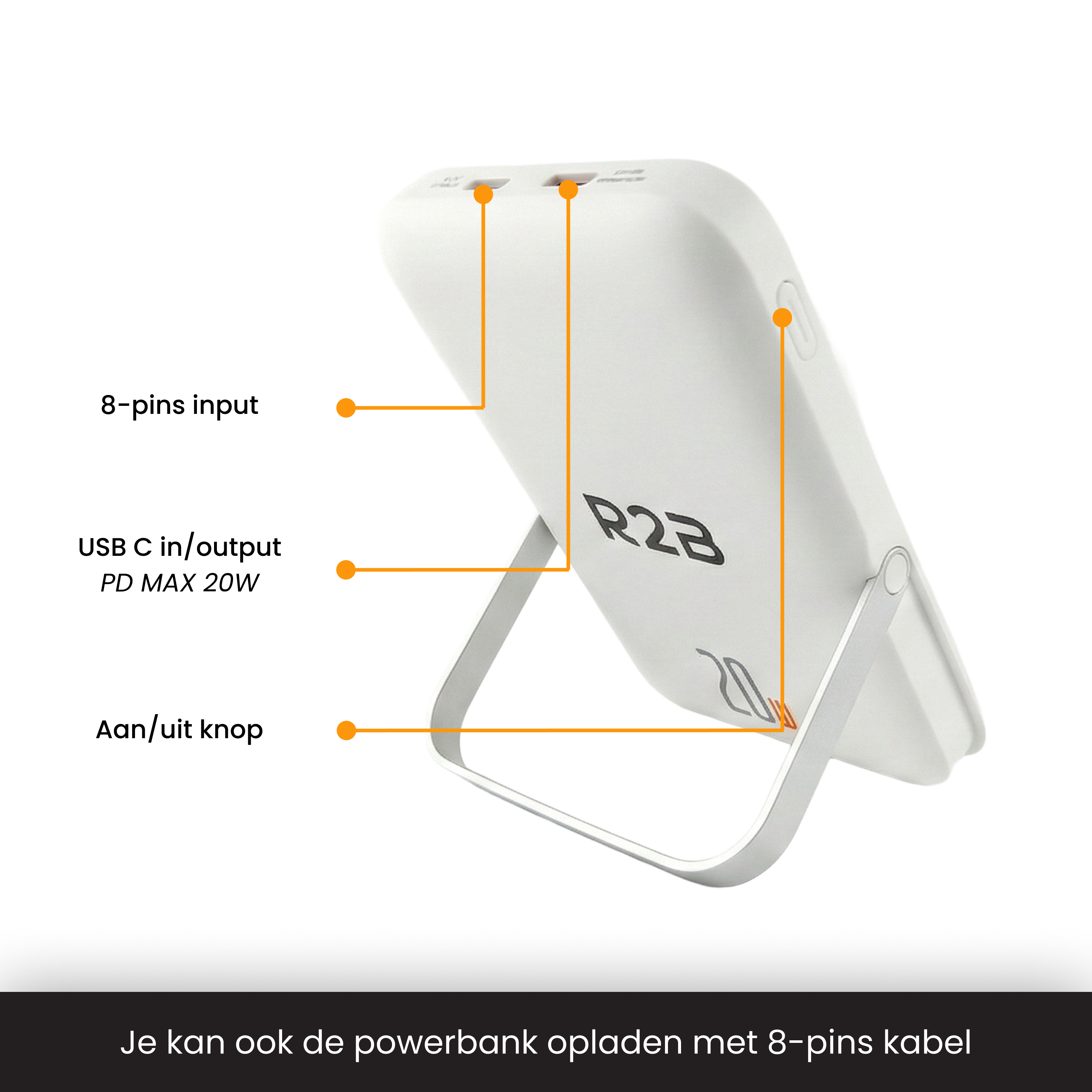 A white power bank with an integrated stand. Ports: 8-pin, USB-C.