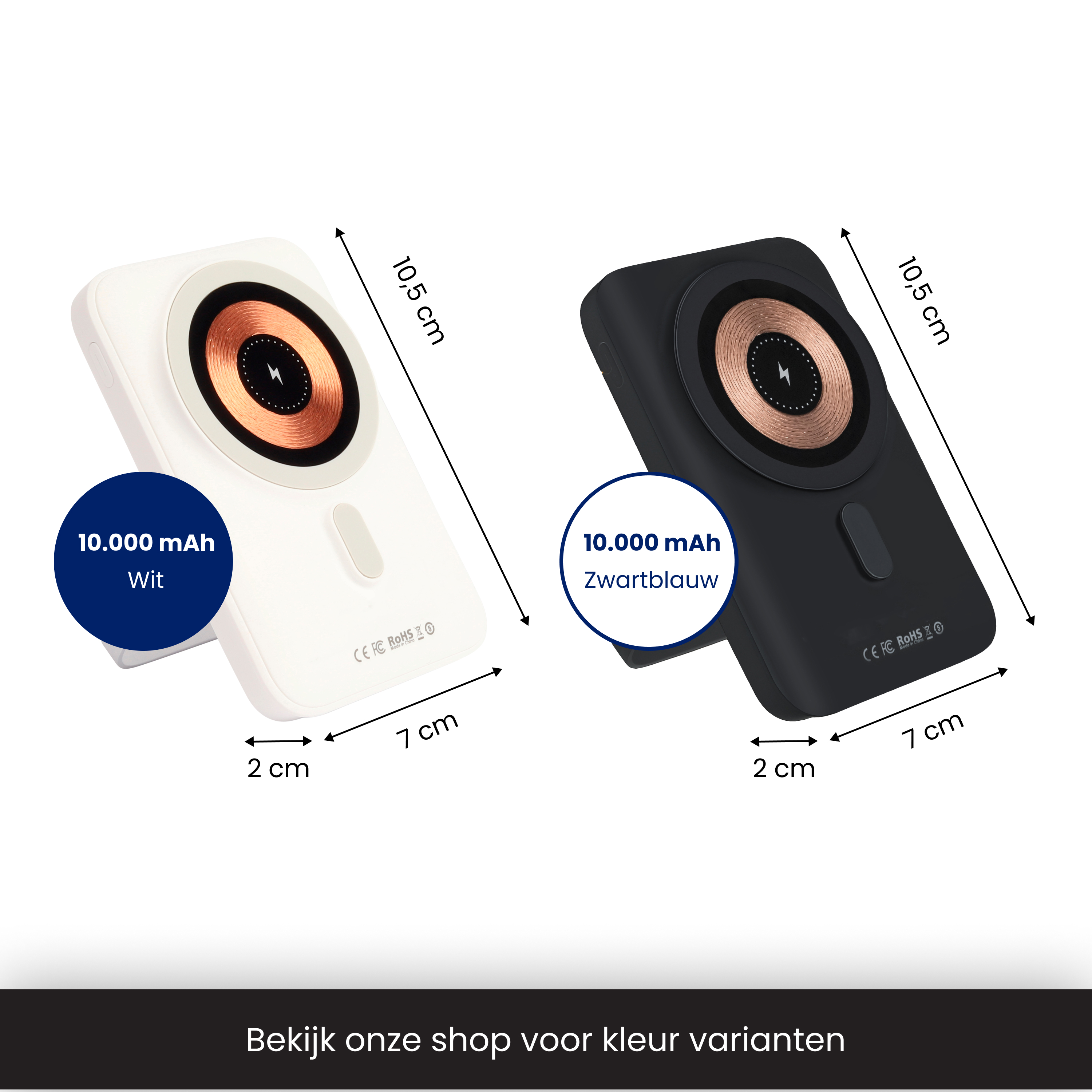 Two 10,000 mAh power banks, white and black, with dimensions.