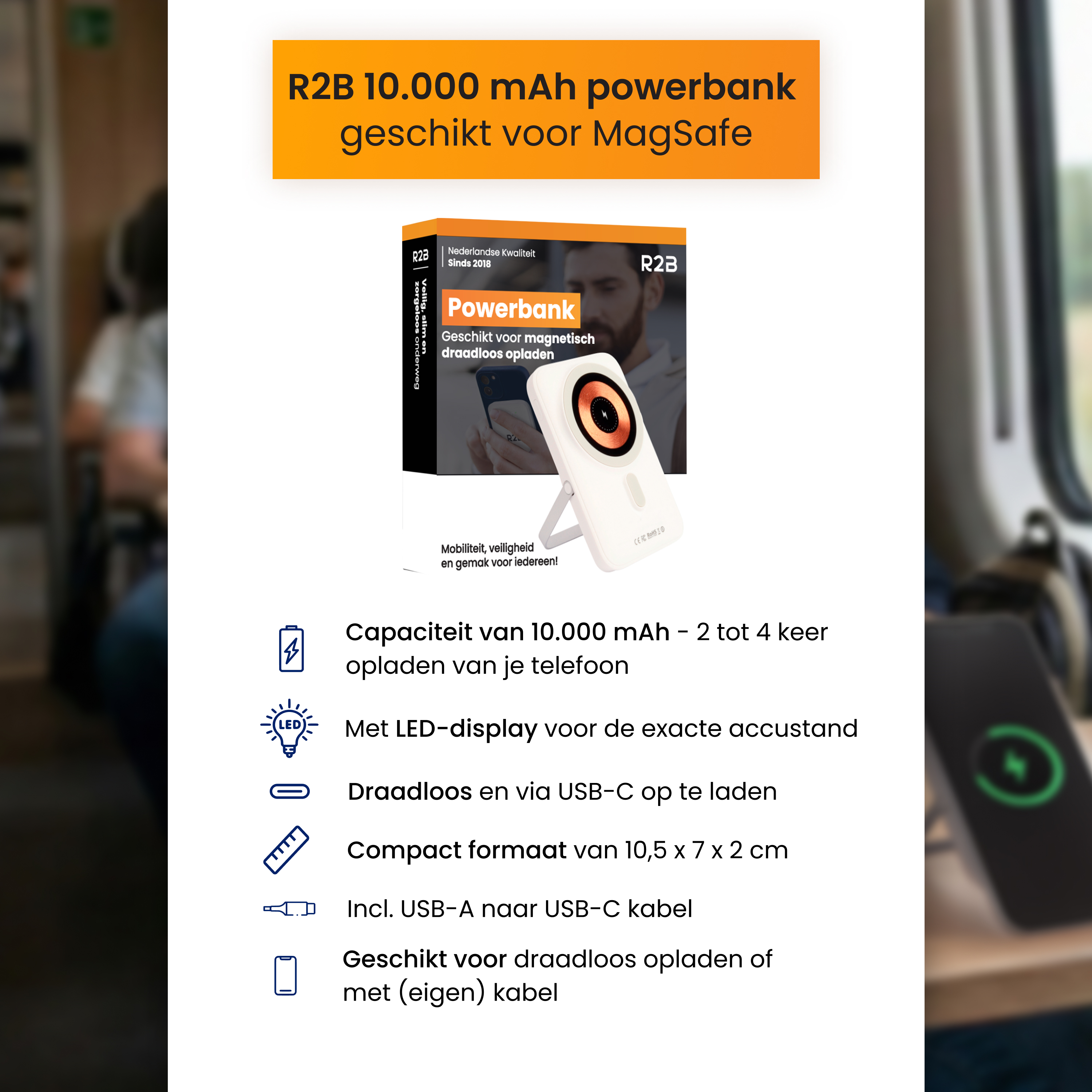 R2B 10.000 mAh Powerbank für MagSafe, mit LED-Display, USB-C.