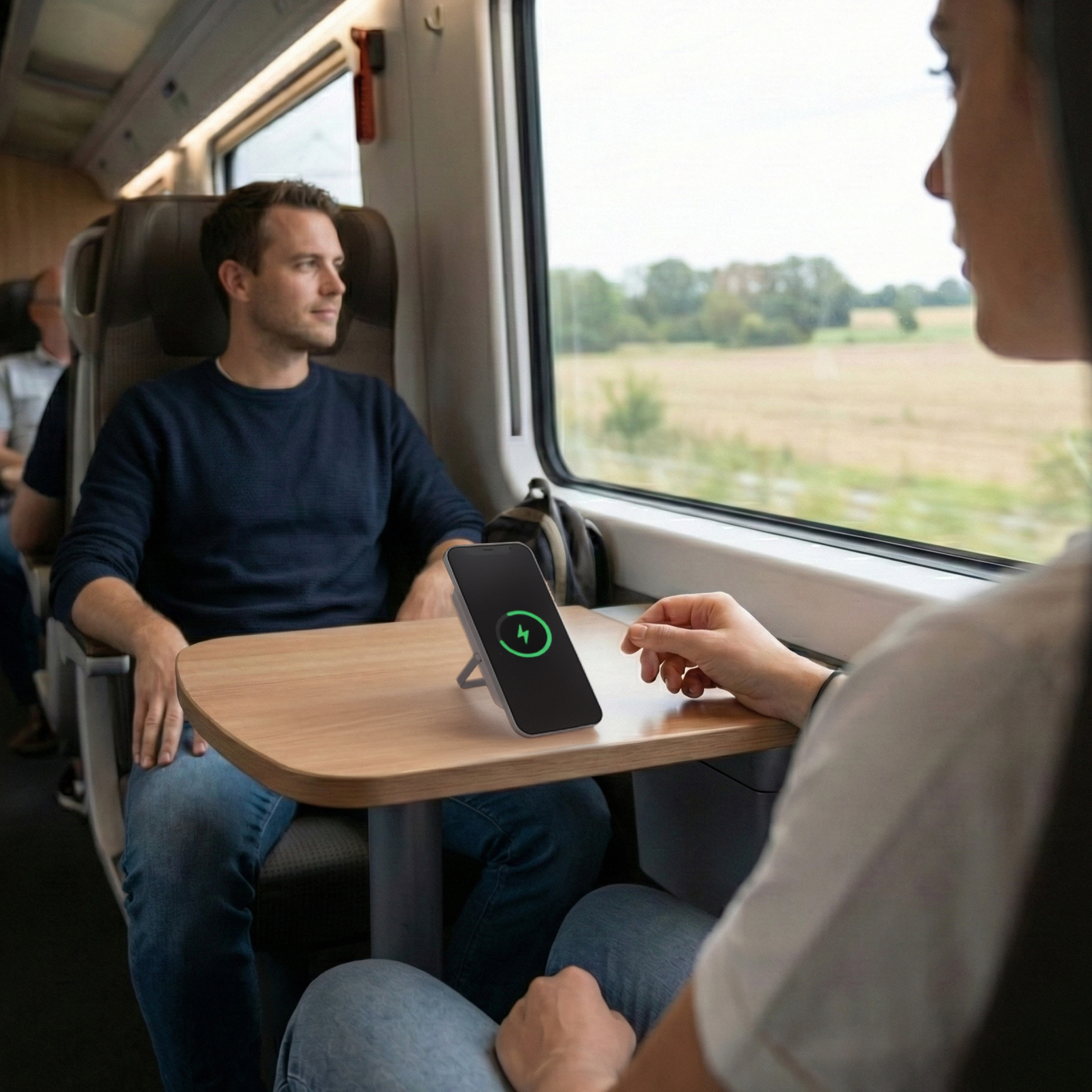 Two people sit on a train. A phone charges on a table. Outside, there is landscape.