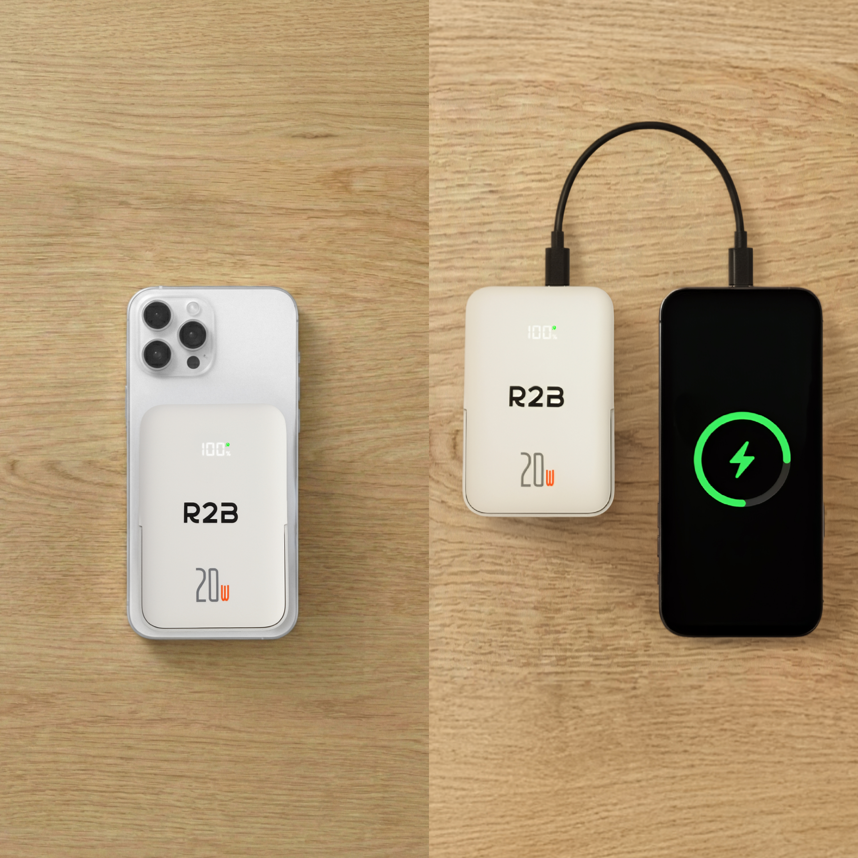 A white iPhone and a white charger on wood.