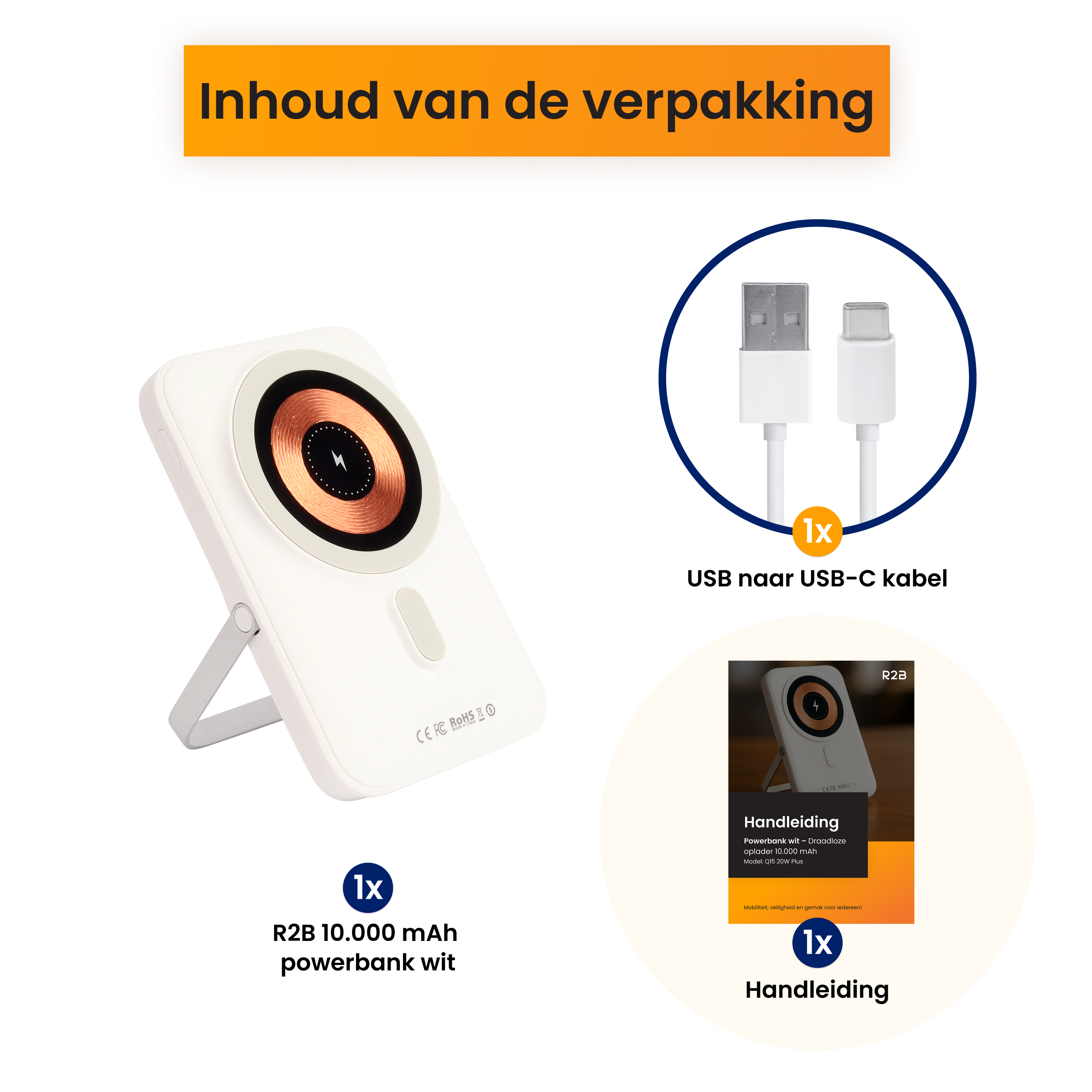 Package contents: White 10,000 mAh power bank, USB-C cable, manual.