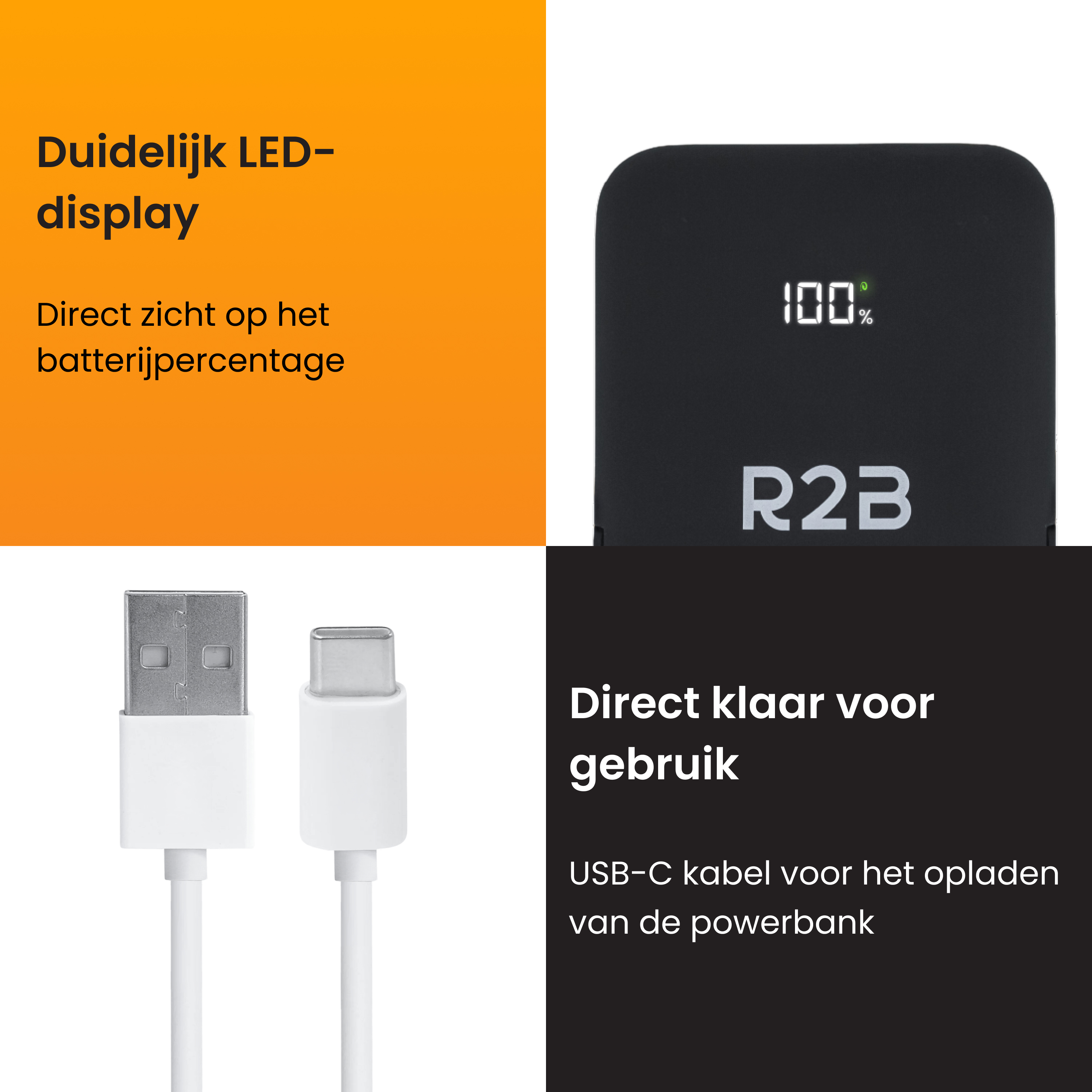 Zwart powerbank display toont 100%. Witte USB-C kabels ernaast.