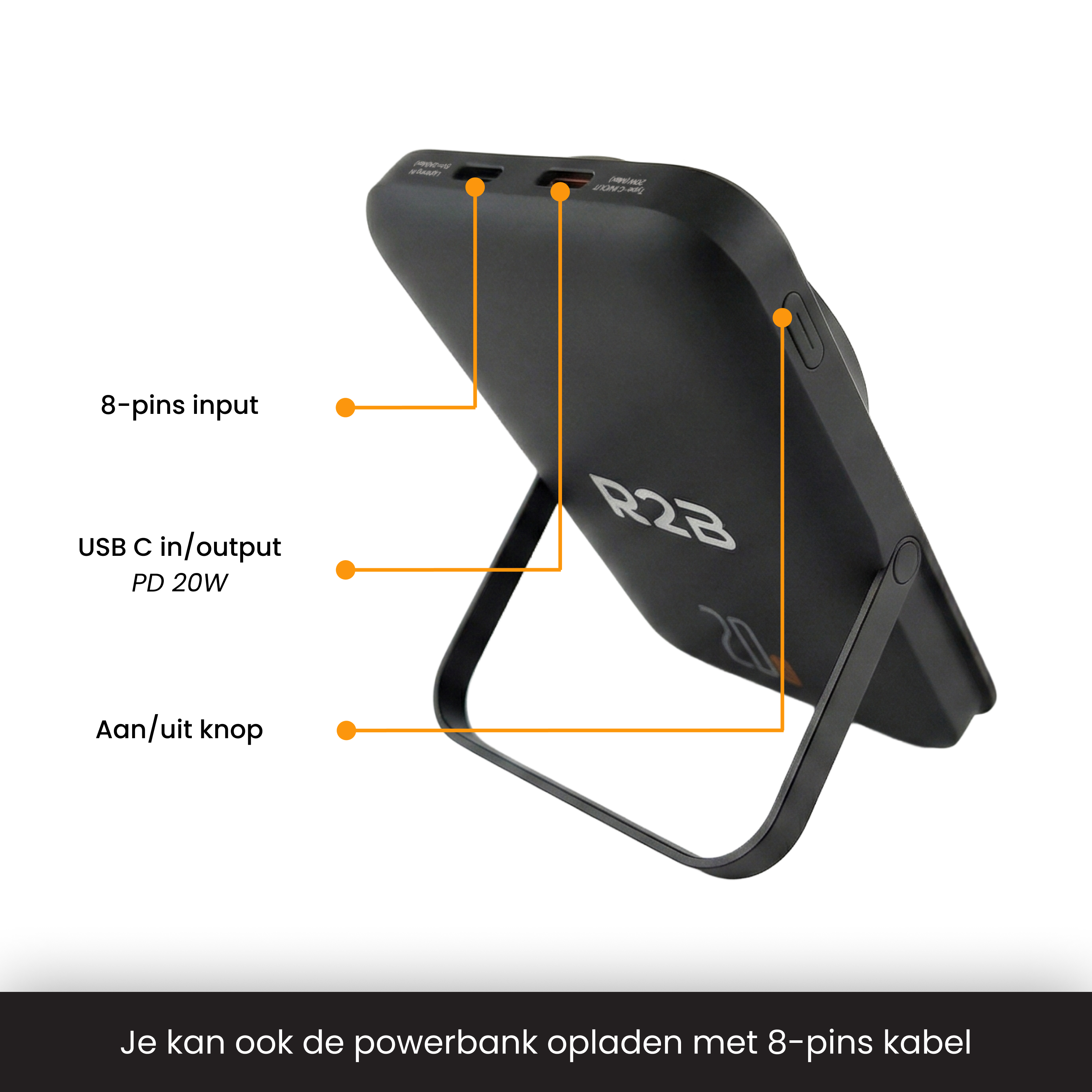 Zwarte powerbank met standaard. Poorten: 8-pins, USB-C PD 20W, aan/uit knop.