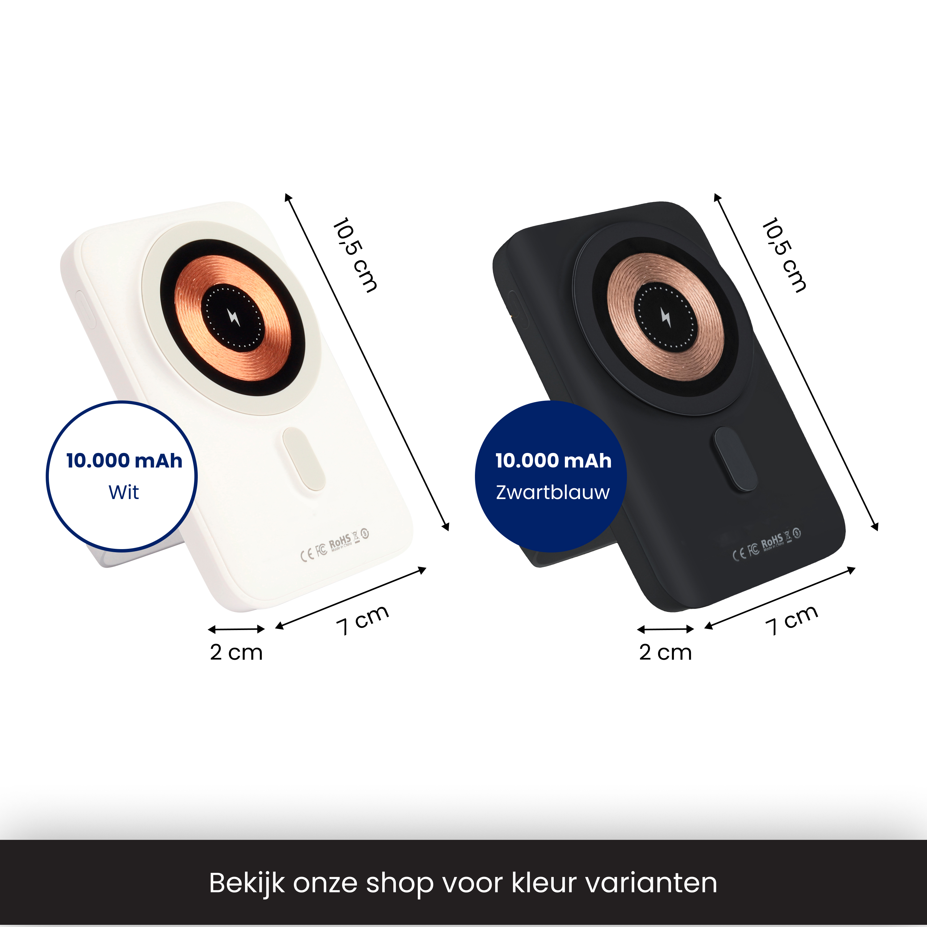 Twee powerbanks, wit en zwart, met afmetingen en laadindicator.