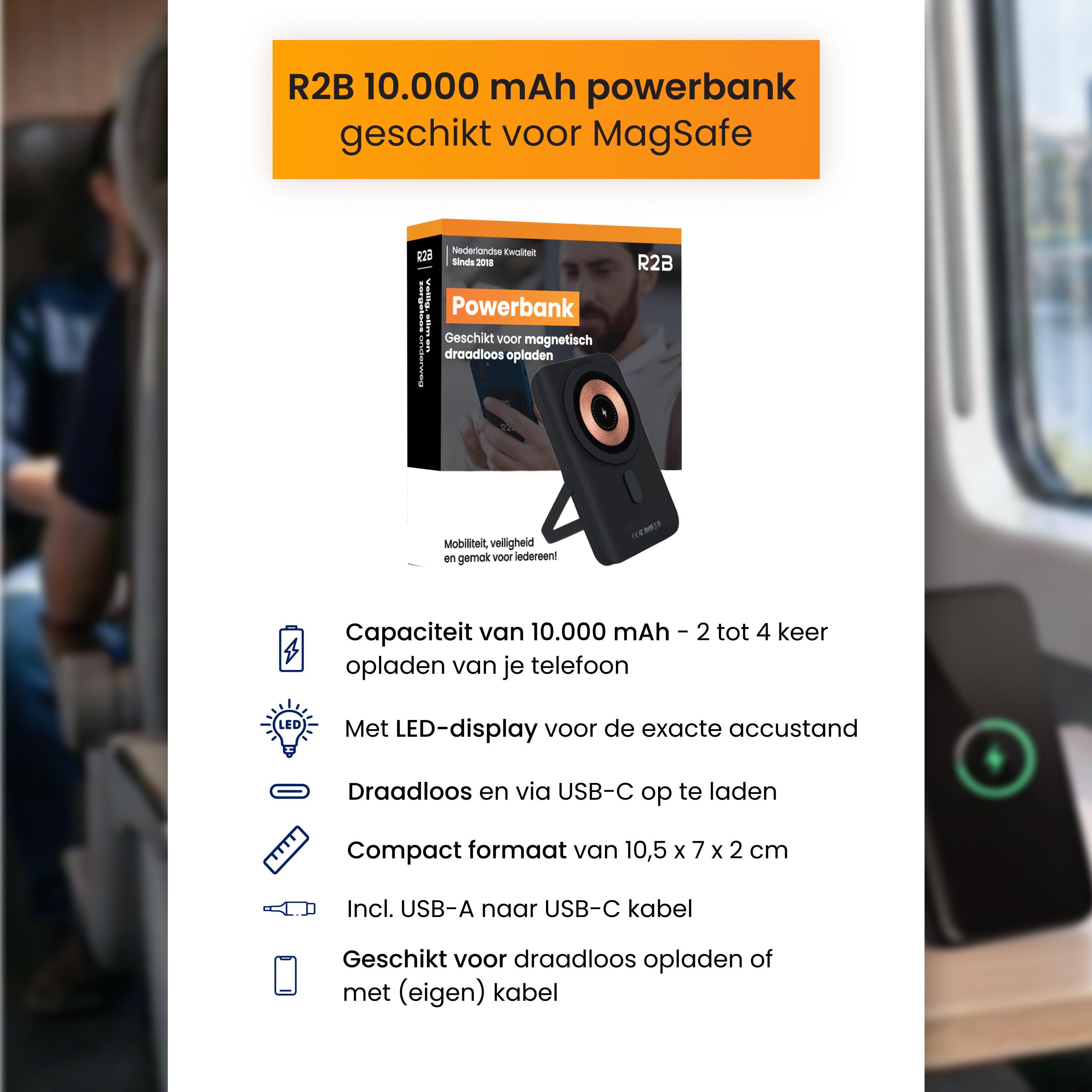 R2B 10.000 mAh powerbank, MagSafe compatibel, met LED-display.