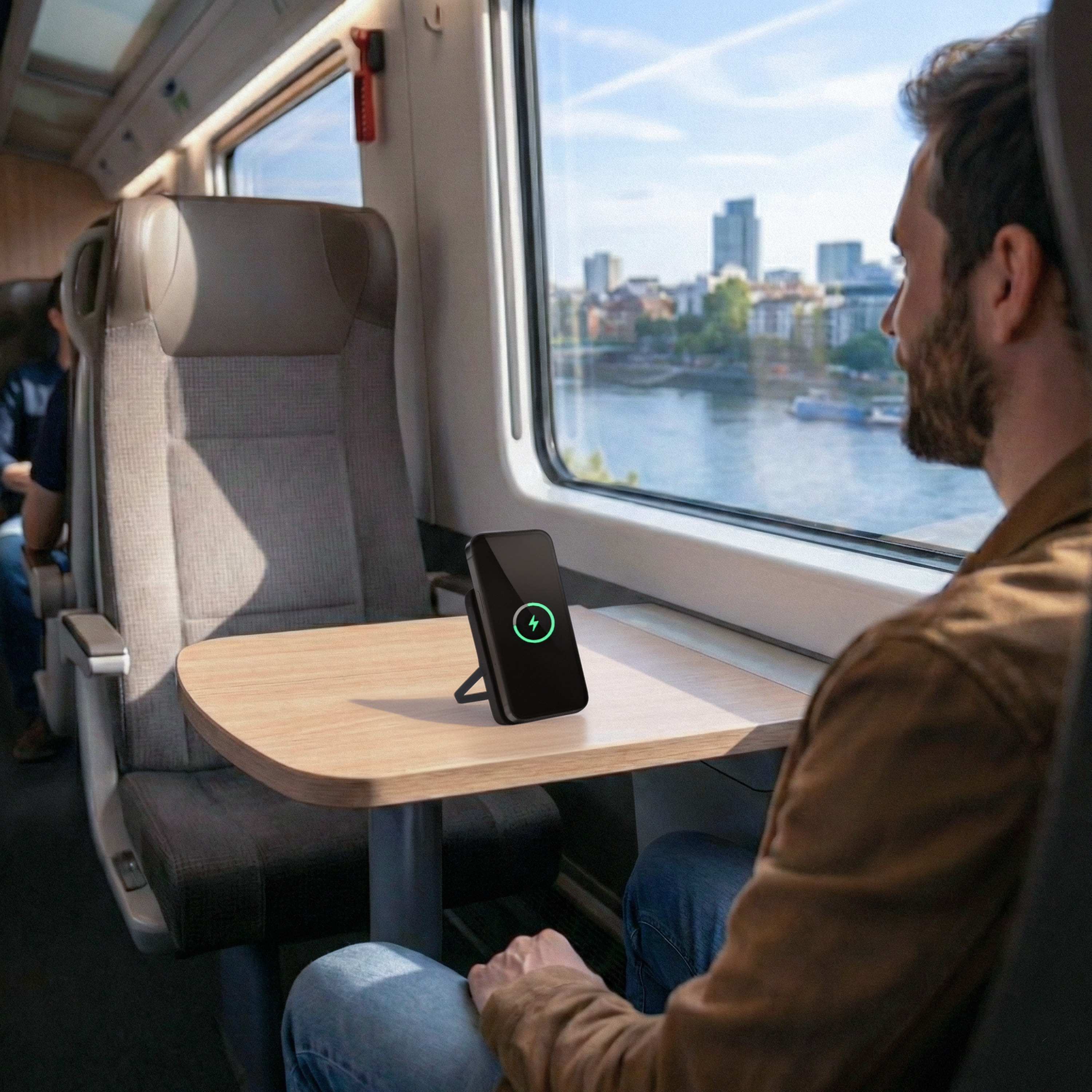 Man in trein laadt telefoon op, uitzicht op rivier en stad.