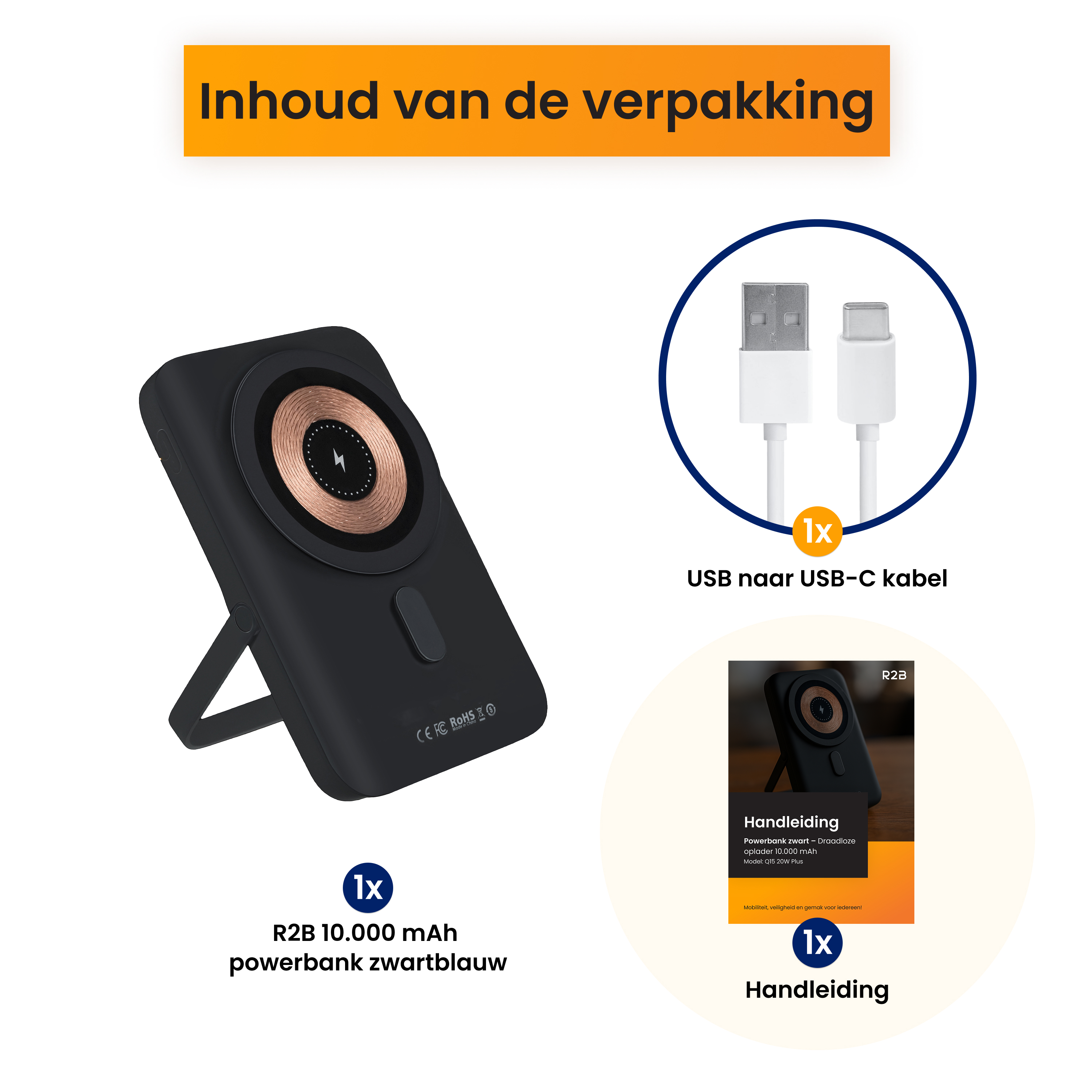 Inhoud: Zwarte powerbank, USB-C kabel en handleiding.