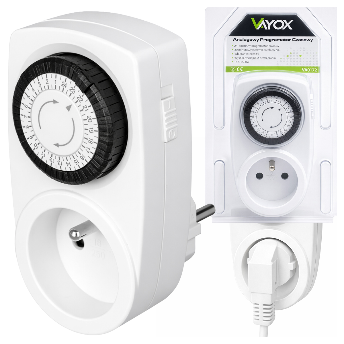 Biały wtyk czasowy z tarczą 24-godzinną i gniazdkiem.