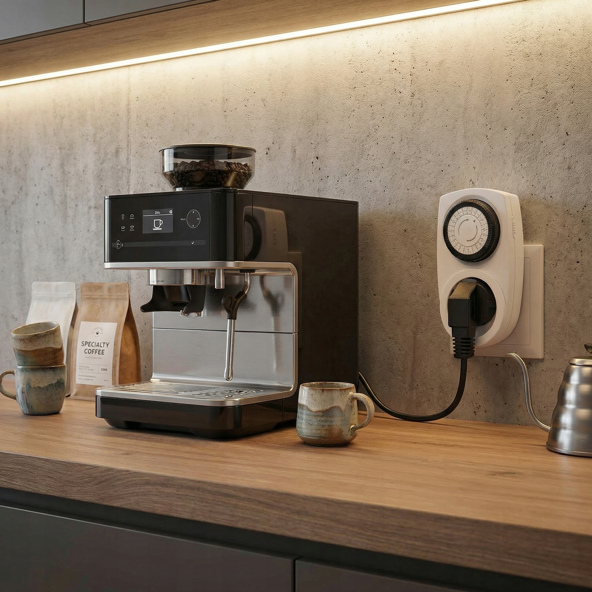 Ekspres do kawy z zasobnikiem na ziarna, filiżankami i torebkami kawy na drewnianym blacie.