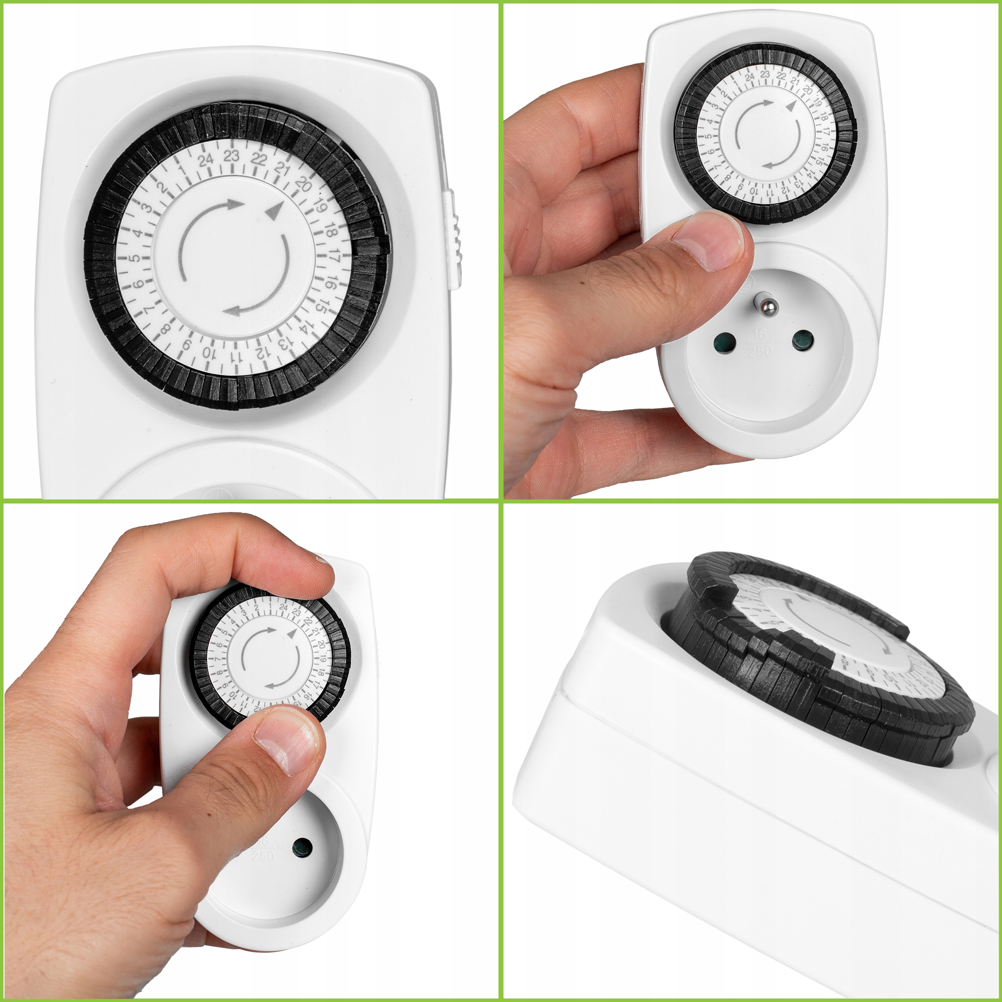 Biała wtyczka czasowa z tarczą 24-godzinną i gniazdkiem elektrycznym.