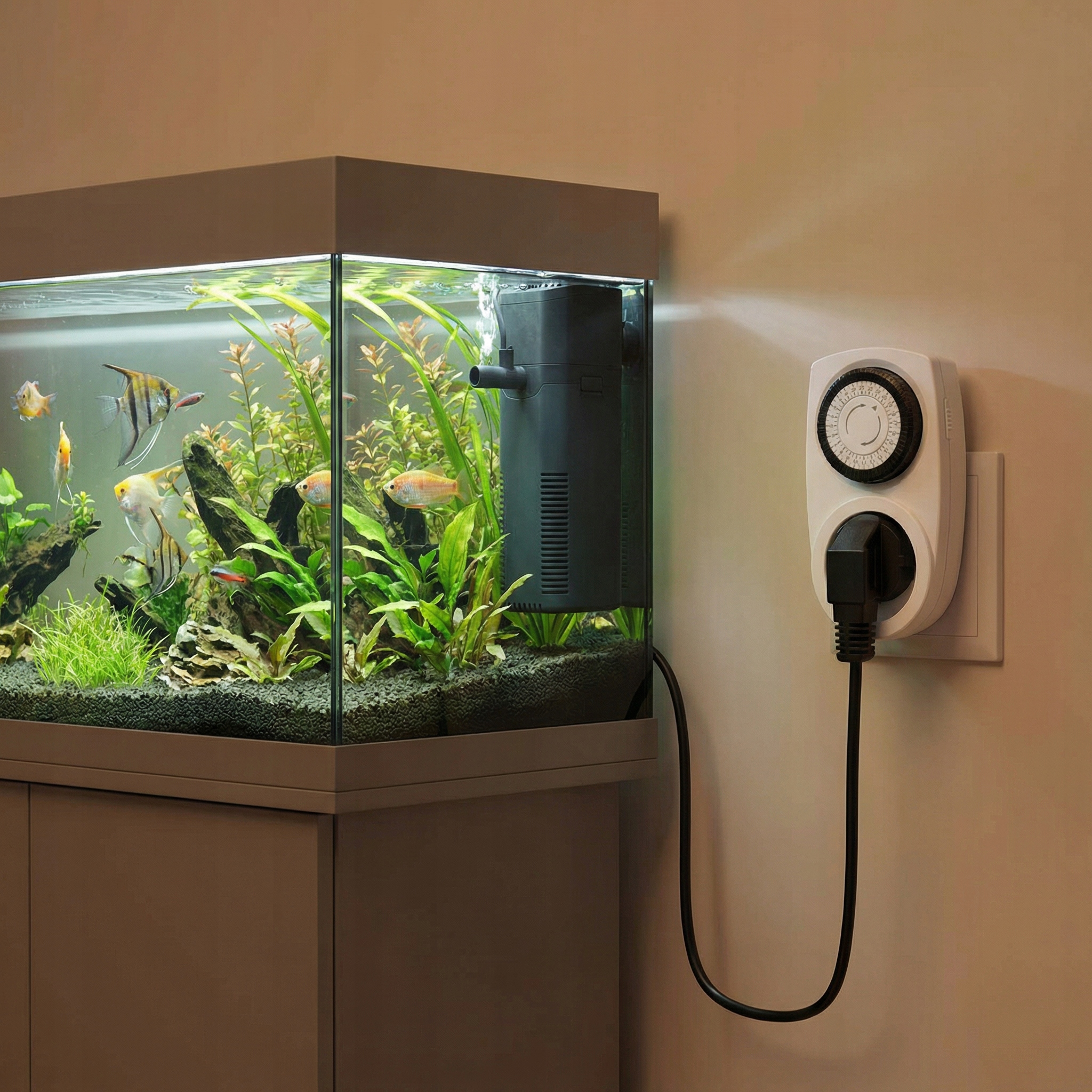 Akwarium z rybami i roślinami, obok zegar sterujący podłączony do gniazdka.
