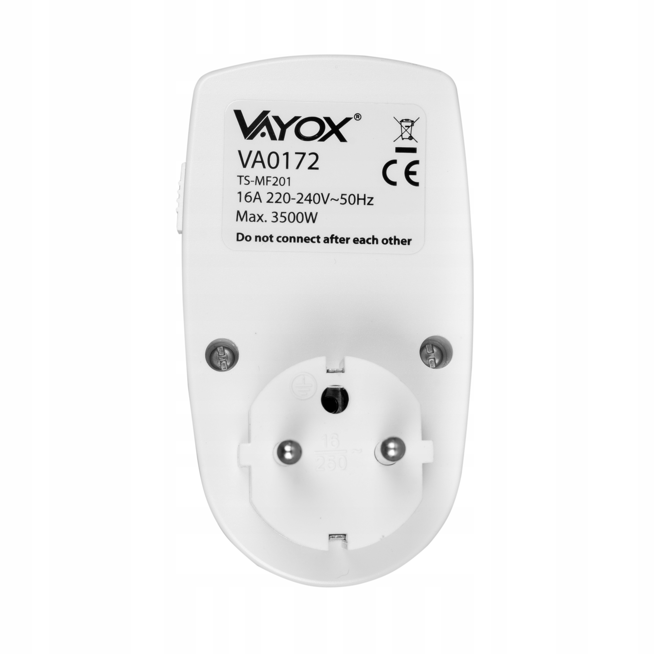 Biały adapter wtyczki Vayox VA0172 z oznaczeniem CE.