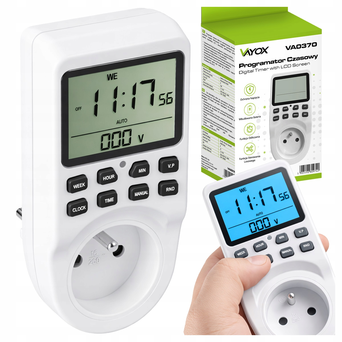 Timer cyfrowy z ekranem LCD, gniazdem i przyciskami, obok opakowania.