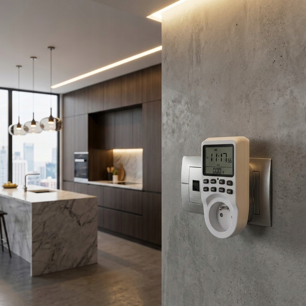 Cyfrowy licznik energii z gniazdem na betonowej ścianie, kuchnia w tle.