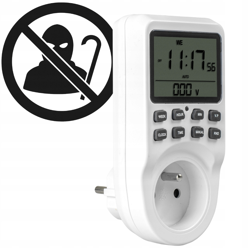 Zegar cyfrowy z symbolem antykradzieżowym. Pokazuje 11:17.