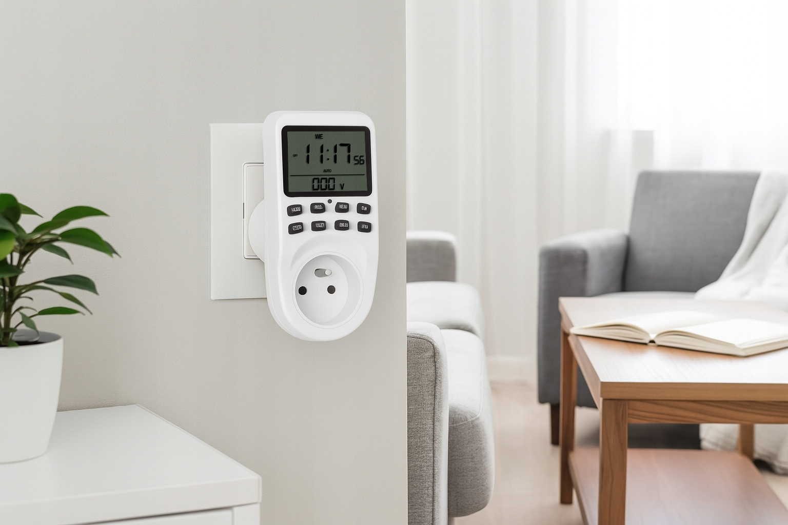 Biały cyfrowy miernik mocy jest podłączony do gniazdka ściennego.