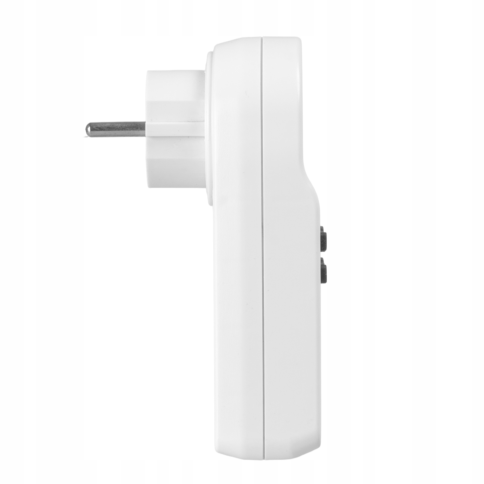 Biały adapter wtyczki z dwoma czarnymi przyciskami po prawej stronie.