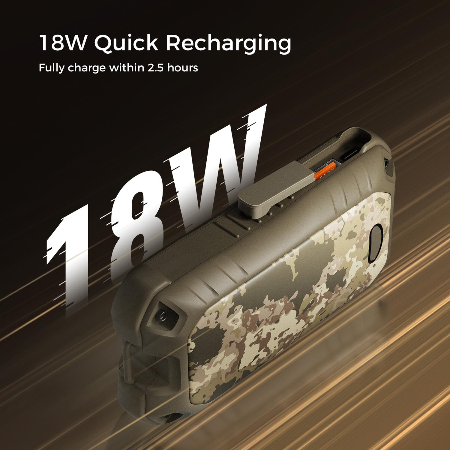 Wytrzymały powerbank w kamuflażu z szybkim ładowaniem 18W.