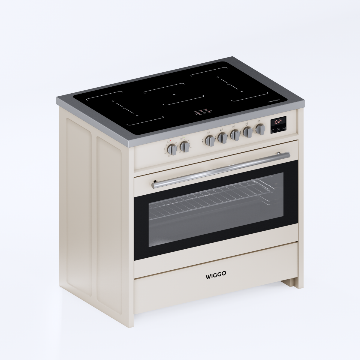 A cream-colored stove with an induction cooktop and oven. Features multiple knobs and a digital display.