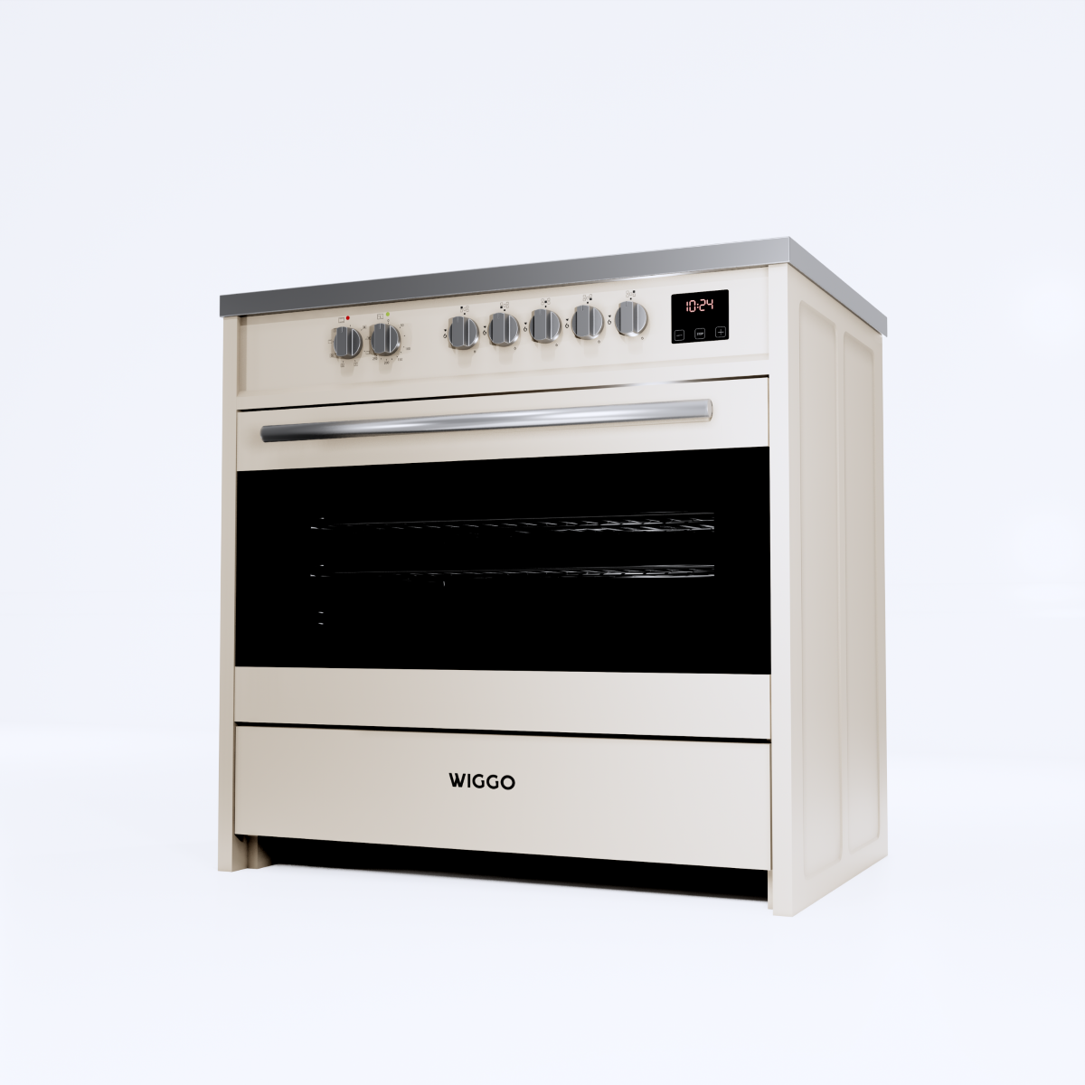 A cream-colored oven with a digital display and silver handle.