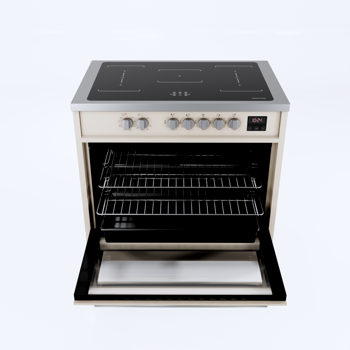 A cream-colored oven with a glass-ceramic hob and open oven door.