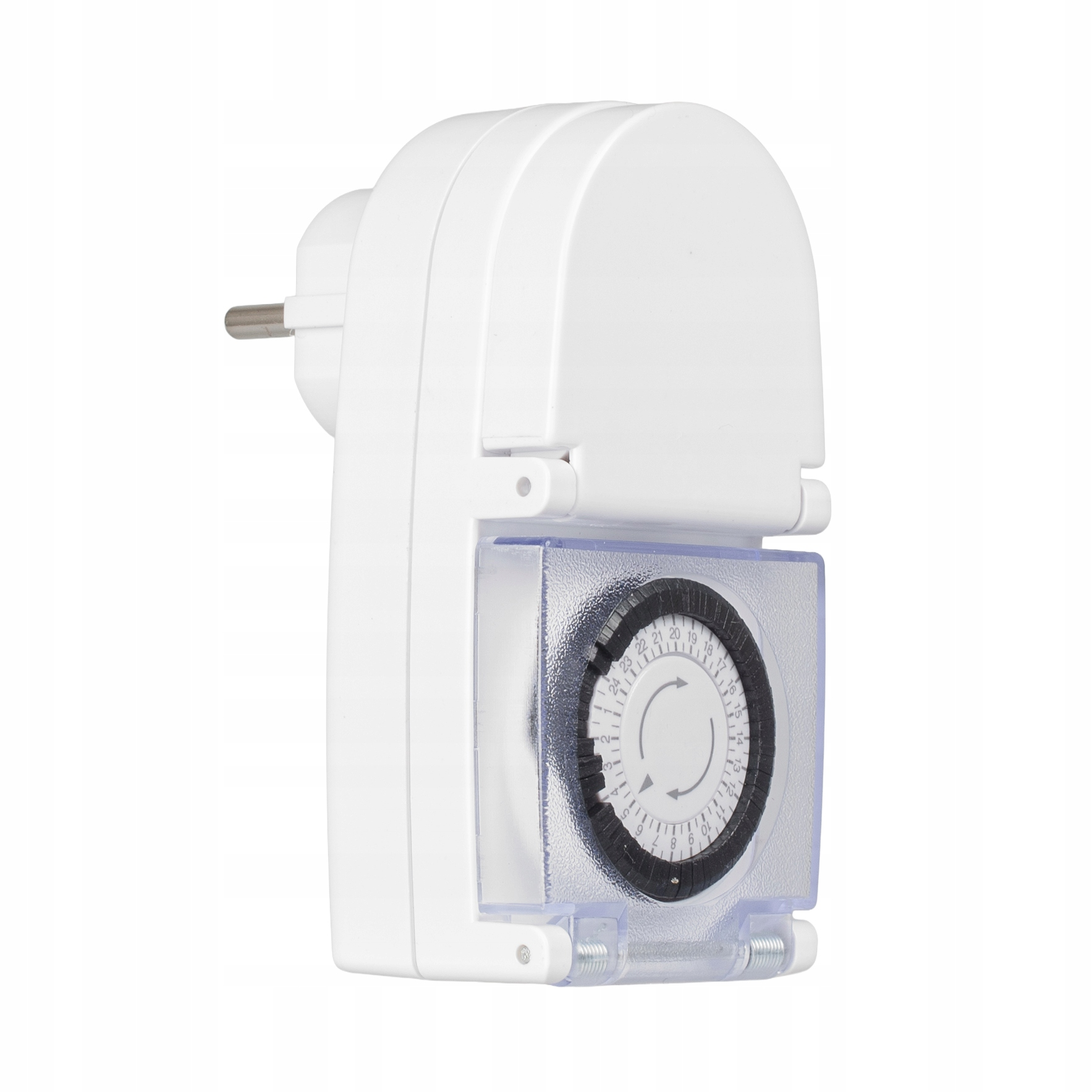 Biały zegar wtykowy z przezroczystą osłoną i okrągłą tarczą ustawień czasu.