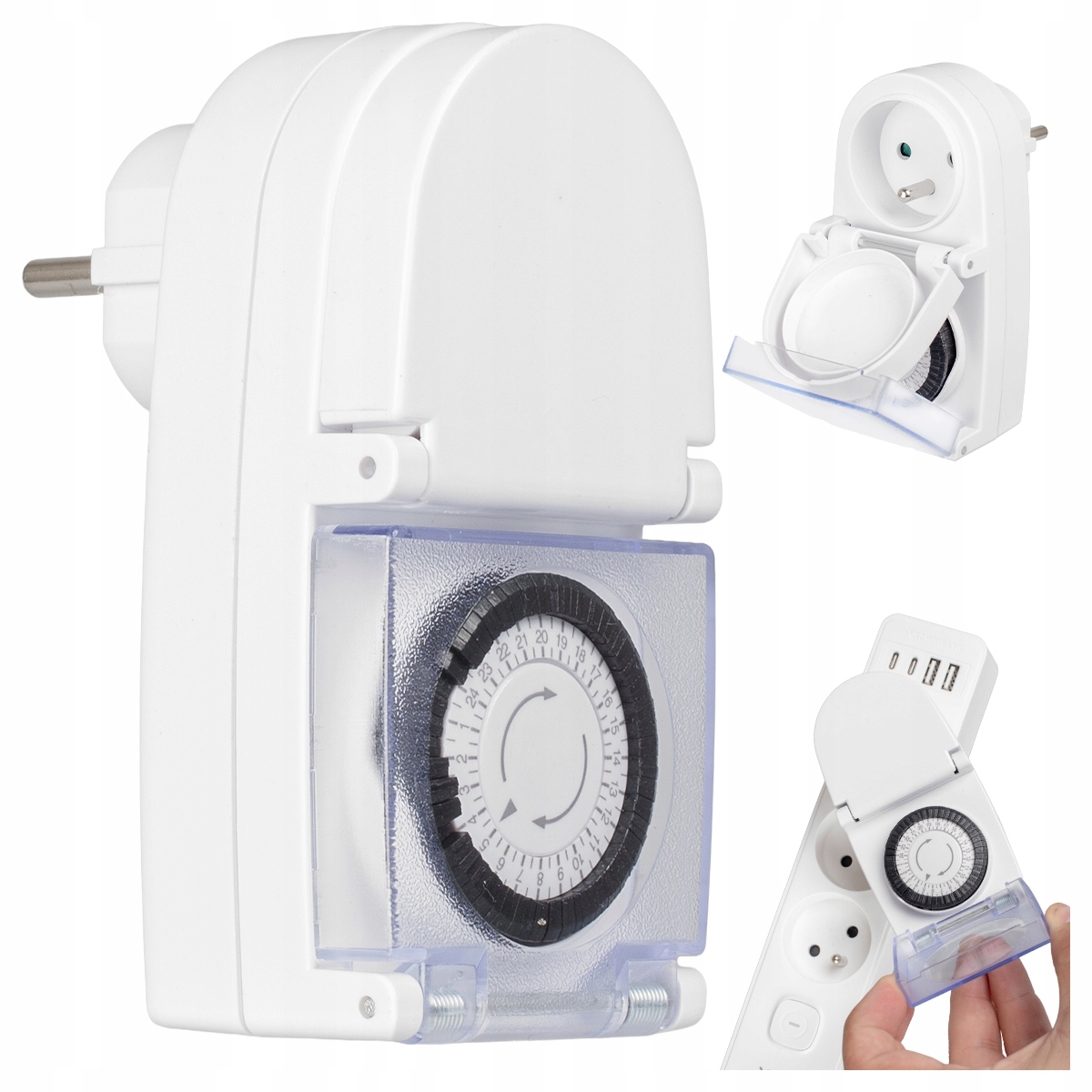 Biały timer cyfrowy z tarczą 24-godzinną i wtyczką.
